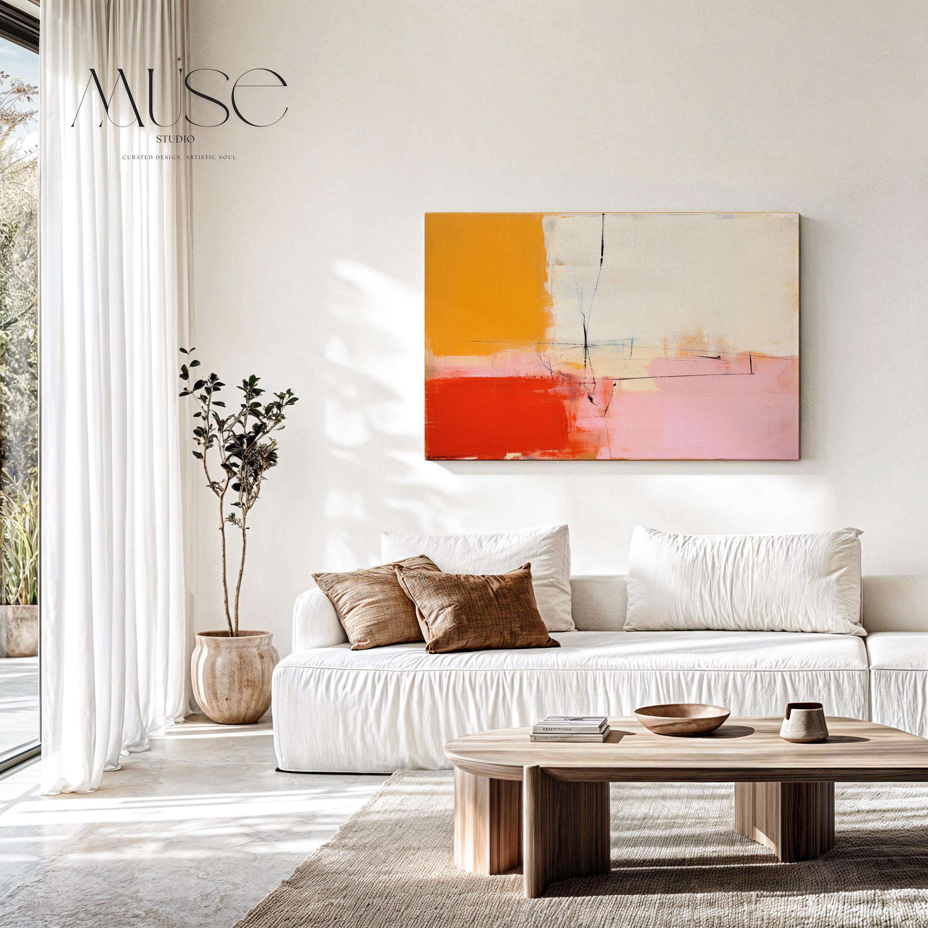 Modern Color Block Canvas Art in Red Pink and Yellow, Horizontal Wall Art for Living Room, Abstract Wall Art Bold Decor Interiors 109