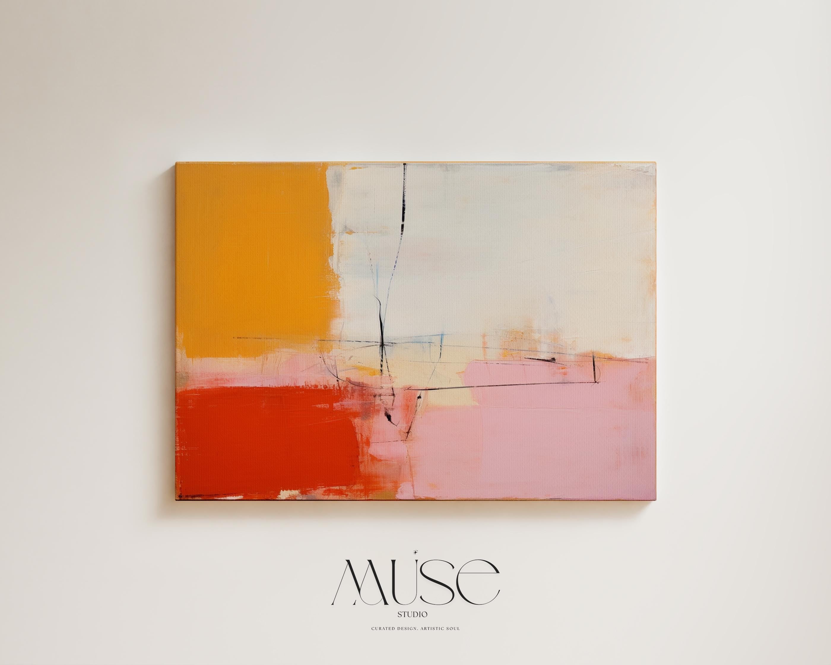 Modern Color Block Canvas Art in Red Pink and Yellow, Horizontal Wall Art for Living Room, Abstract Wall Art Bold Decor Interiors 109