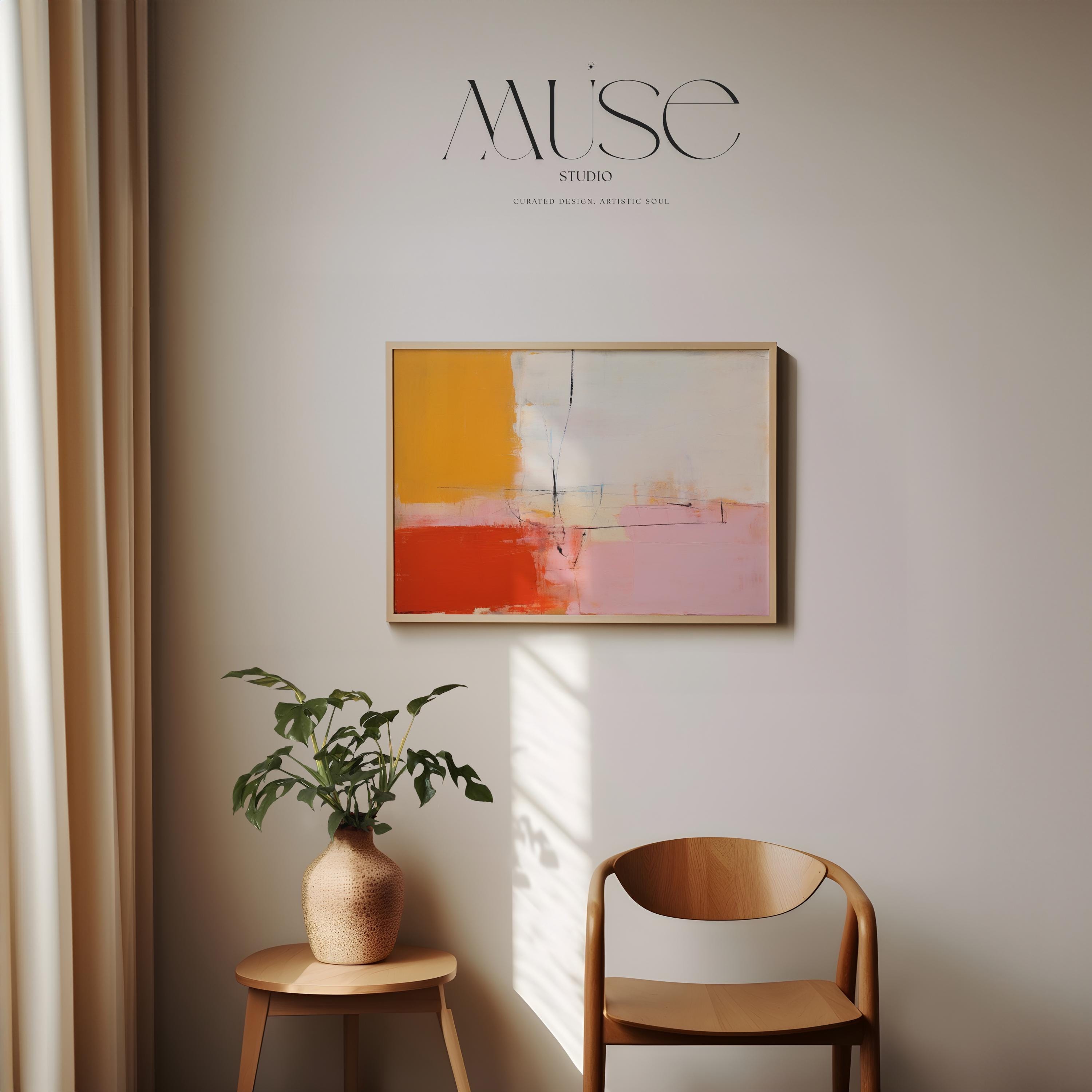 Modern Color Block Canvas Art in Red Pink and Yellow, Horizontal Wall Art for Living Room, Abstract Print Poster Bold Decor Interiors 109