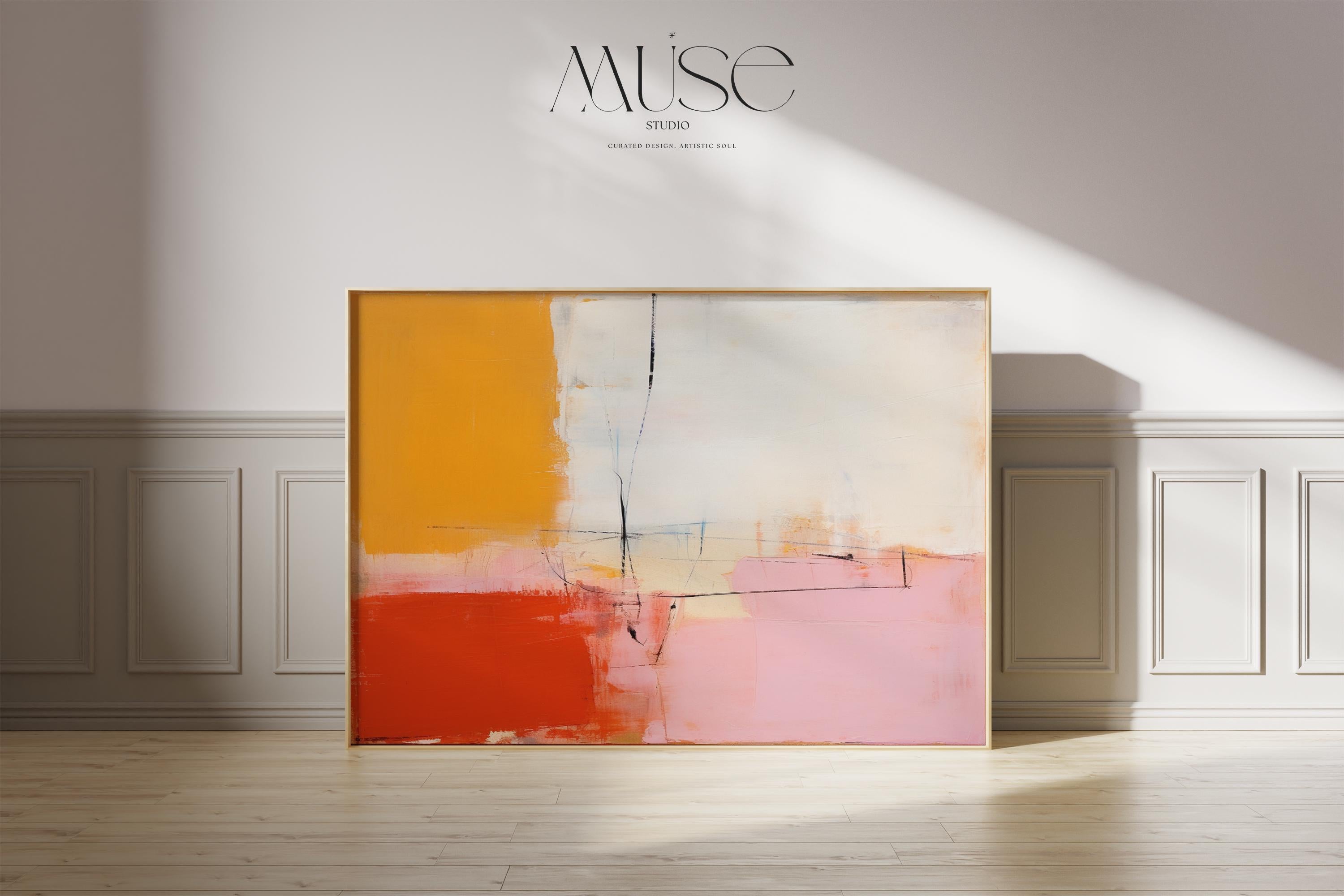 Modern Color Block Canvas Art in Red Pink and Yellow, Horizontal Wall Art for Living Room, Abstract Print Poster Bold Decor Interiors 109