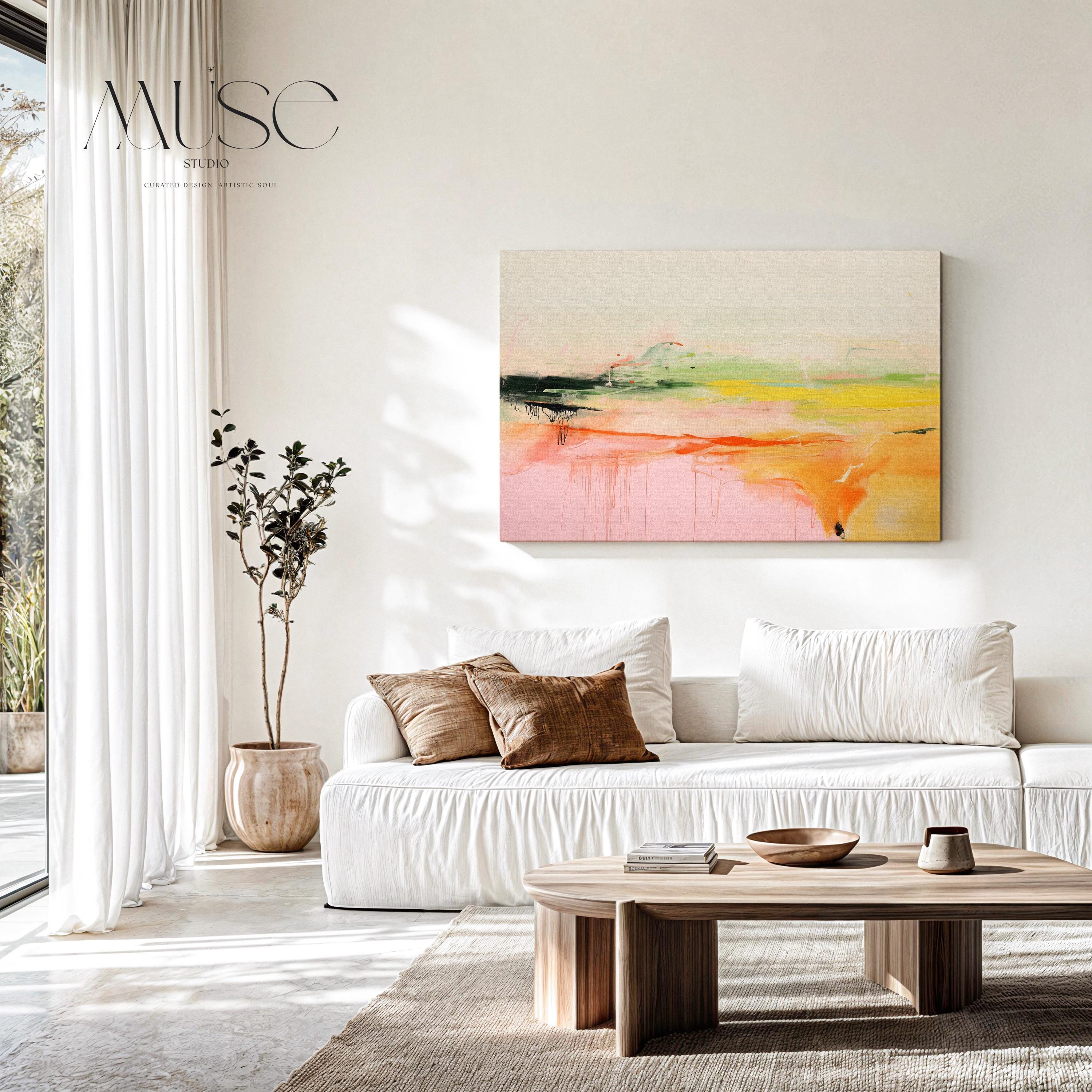 Large Horizontal Canvas Wall Art in Pink and Green, Abstract Framed Decor Art for Living Room or Office, Modern Statement Artwork 290