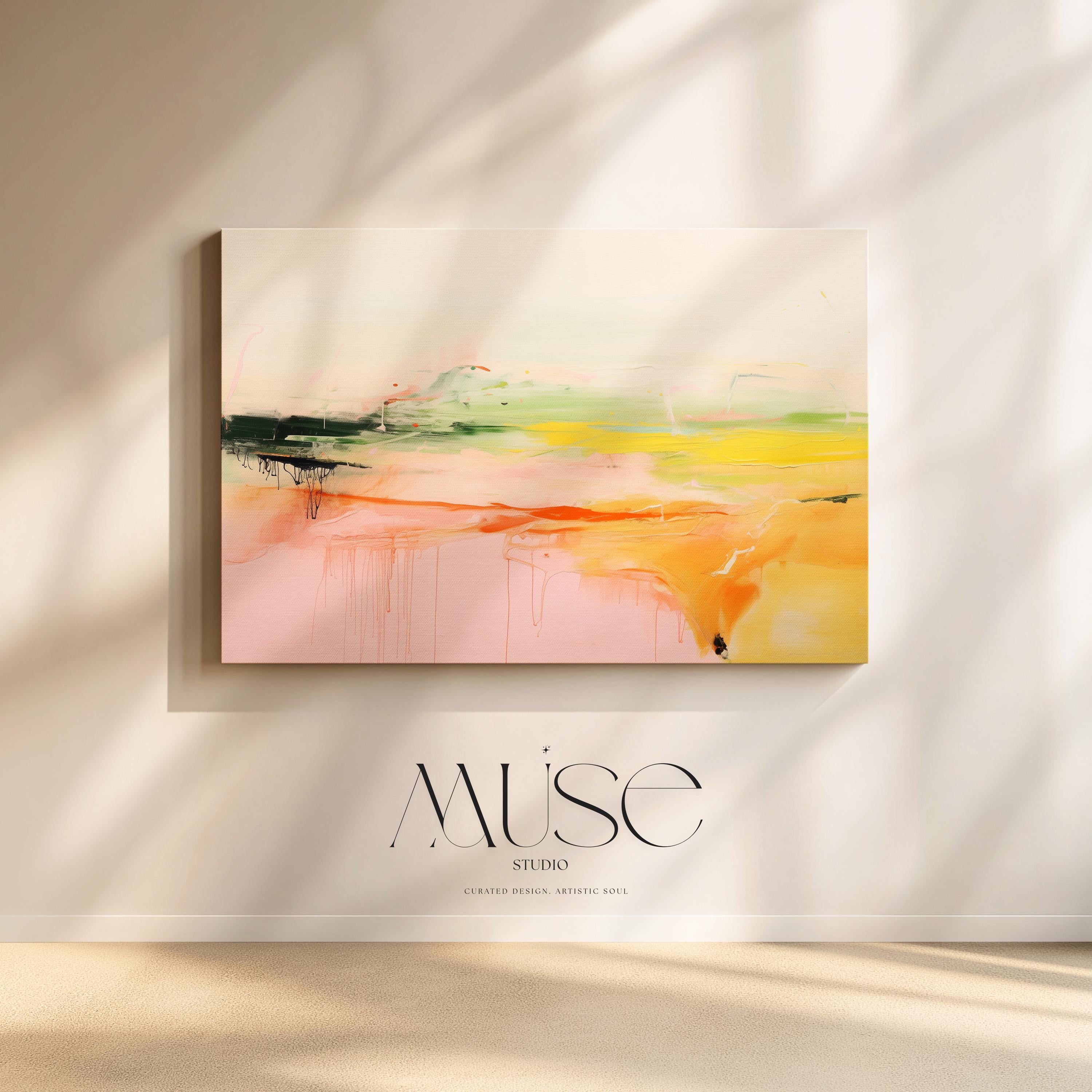 Large Horizontal Canvas Wall Art in Pink and Green, Abstract Framed Decor Art for Living Room or Office, Modern Statement Artwork 290