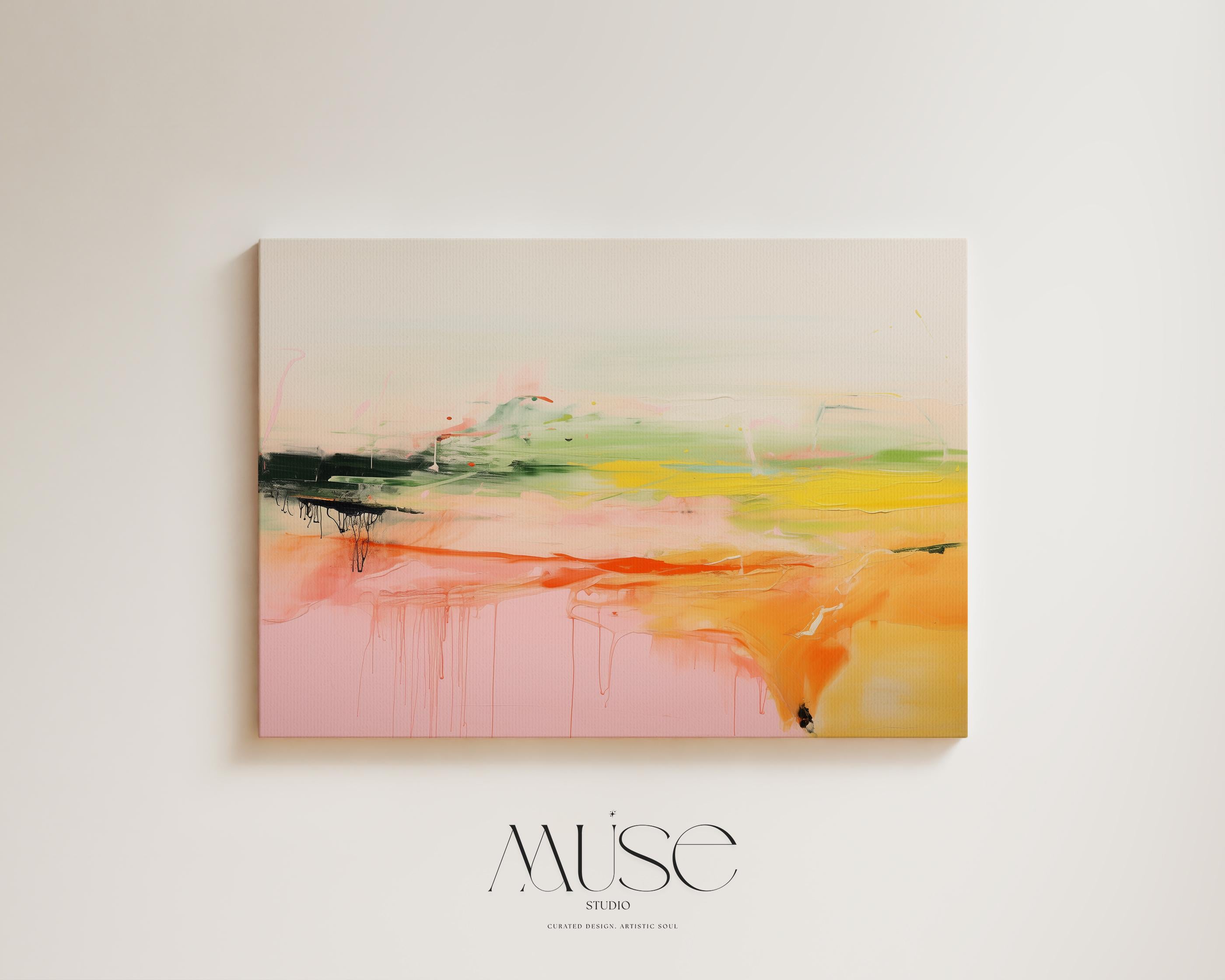 Large Horizontal Canvas Wall Art in Pink and Green, Abstract Framed Decor Art for Living Room or Office, Modern Statement Artwork 290