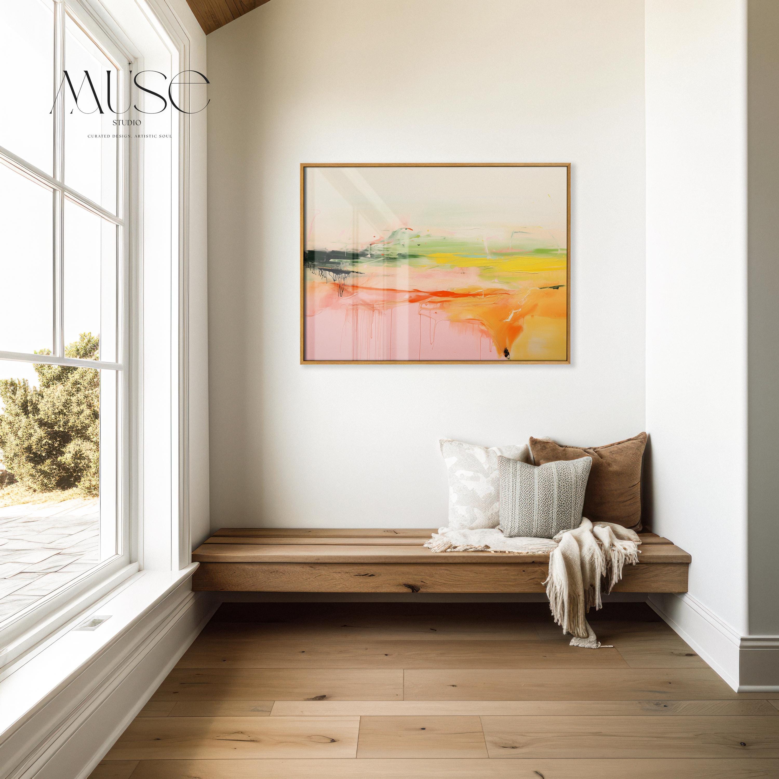 Fine Art Poster Print in Pink and Green, Large Horizontal Abstract Landscape Wall Art, Modern Decor Art for Living Room or Office 290