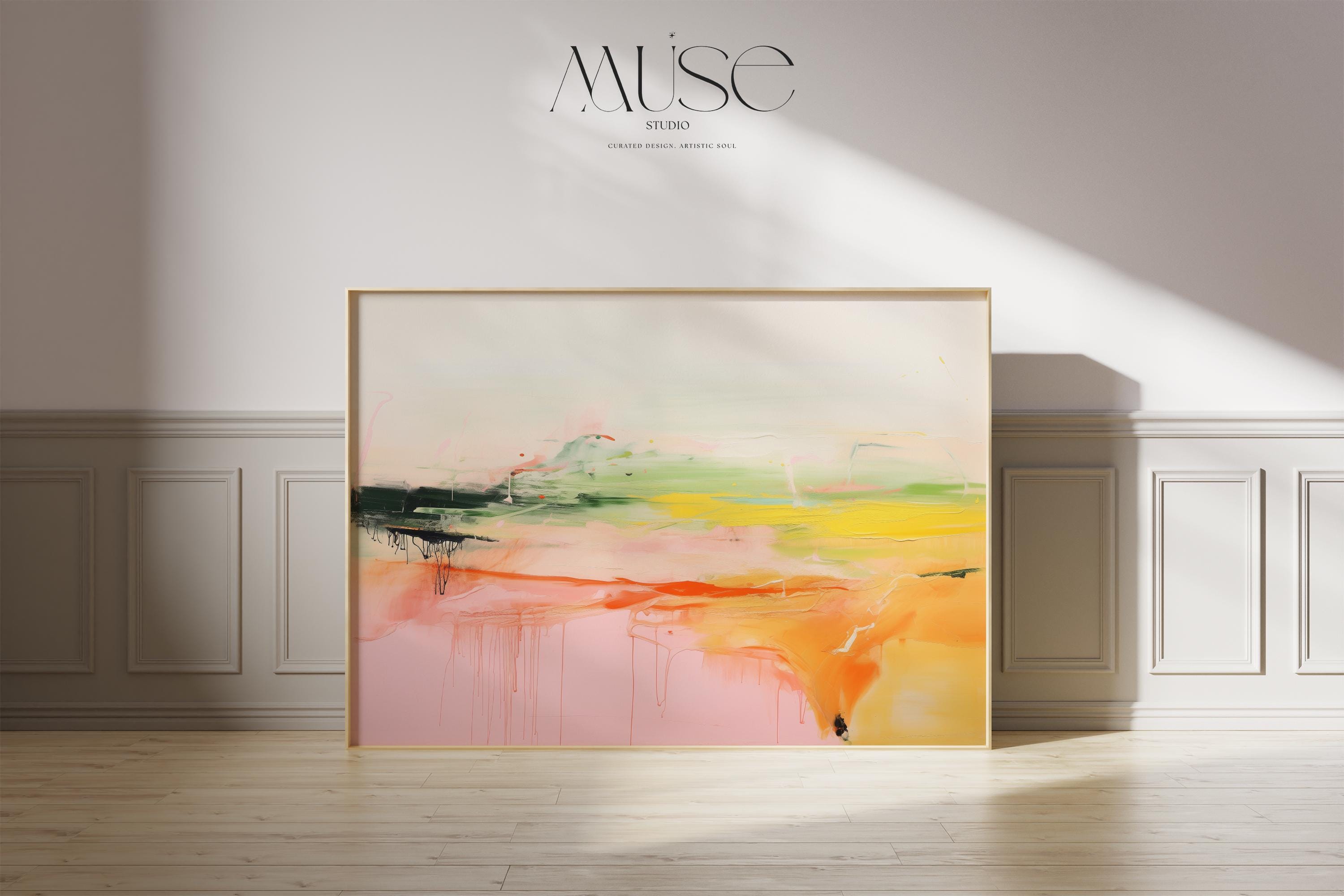 Fine Art Poster Print in Pink and Green, Large Horizontal Abstract Landscape Wall Art, Modern Decor Art for Living Room or Office 290