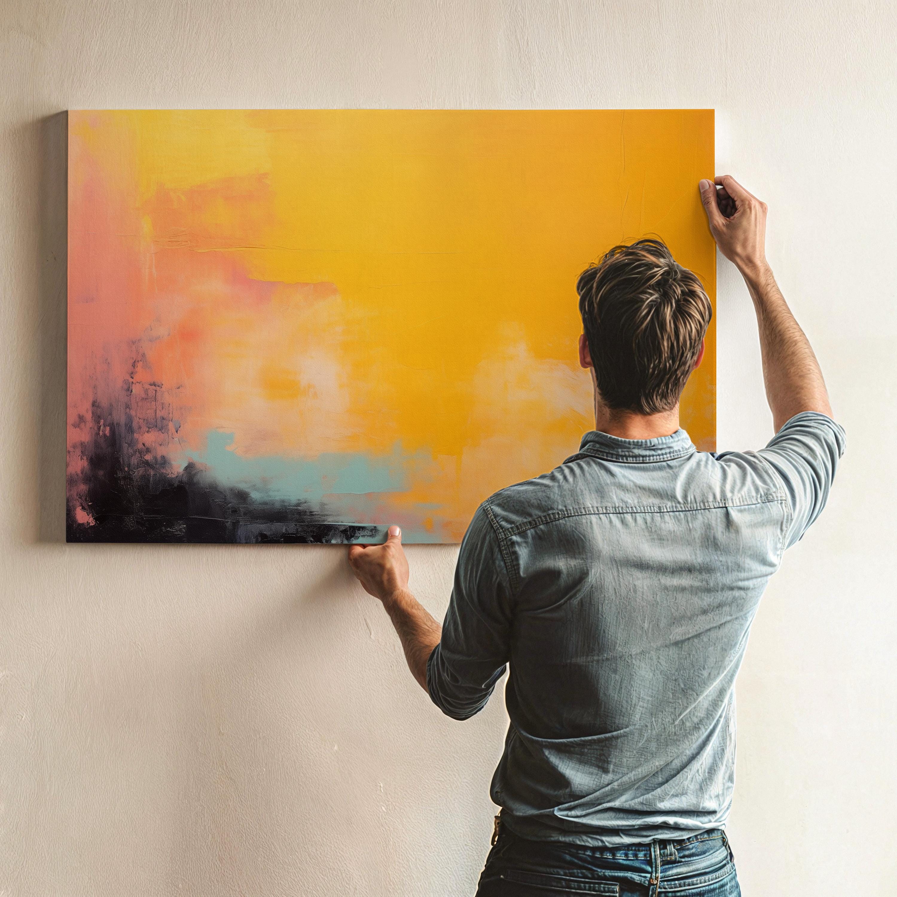 Large Yellow Abstract Canvas Wall Art, Horizontal Statement Art for Living Room or Office, Bright Sunset Boho Decor Art Golden Orange 307