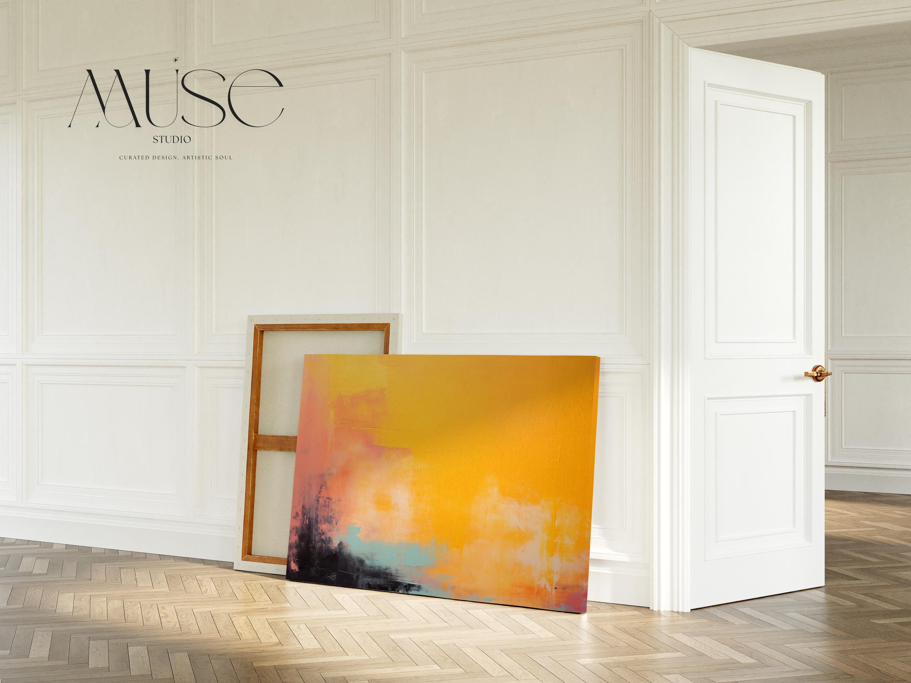 Large Yellow Abstract Canvas Wall Art, Horizontal Statement Art for Living Room or Office, Bright Sunset Boho Decor Art Golden Orange 307