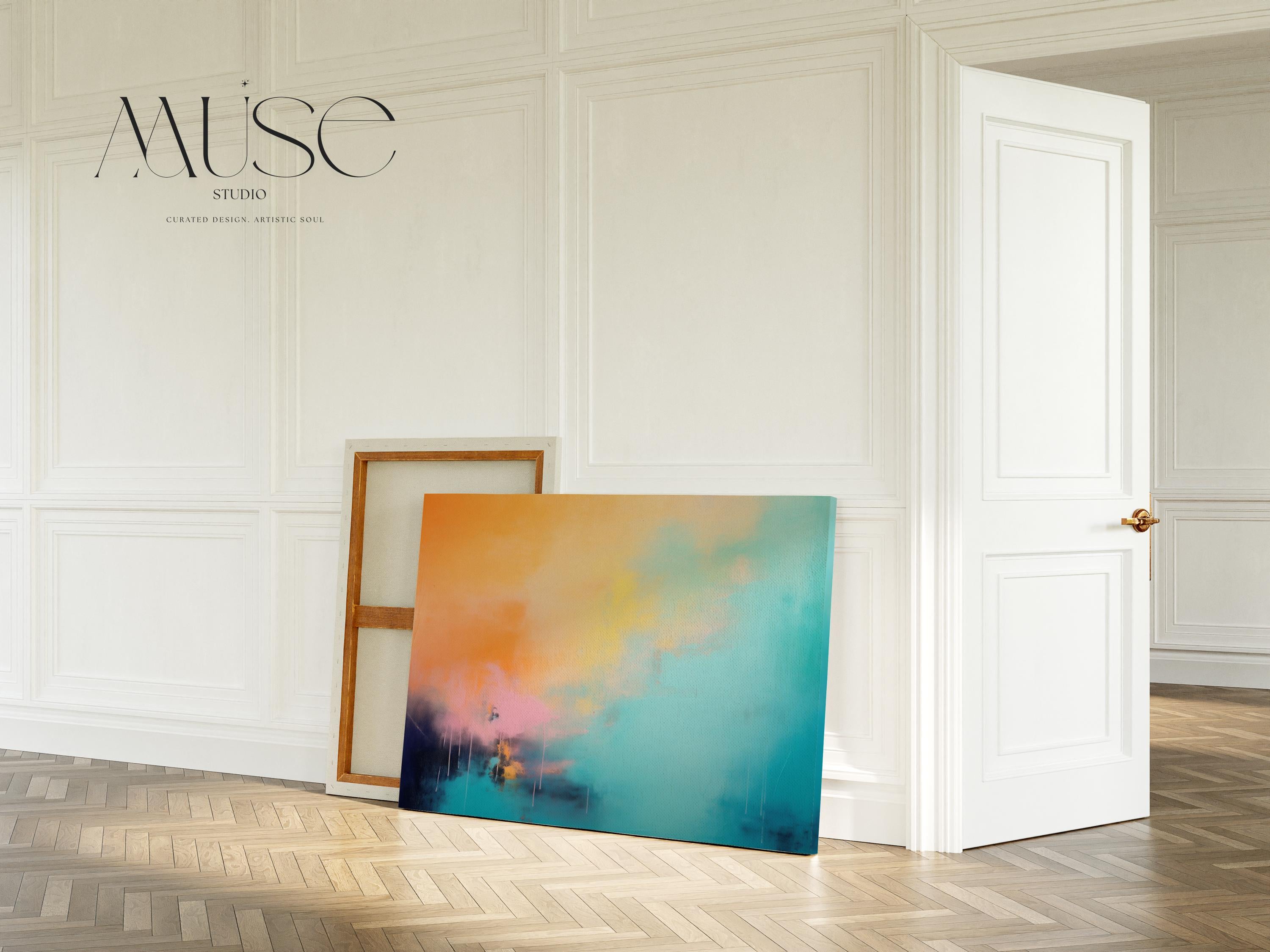 Large Canvas Abstract Wall Art in Turquoise and Peach, Horizontal Framed Statement Art for Living Room or Office, Color Pop Modern Decor 308