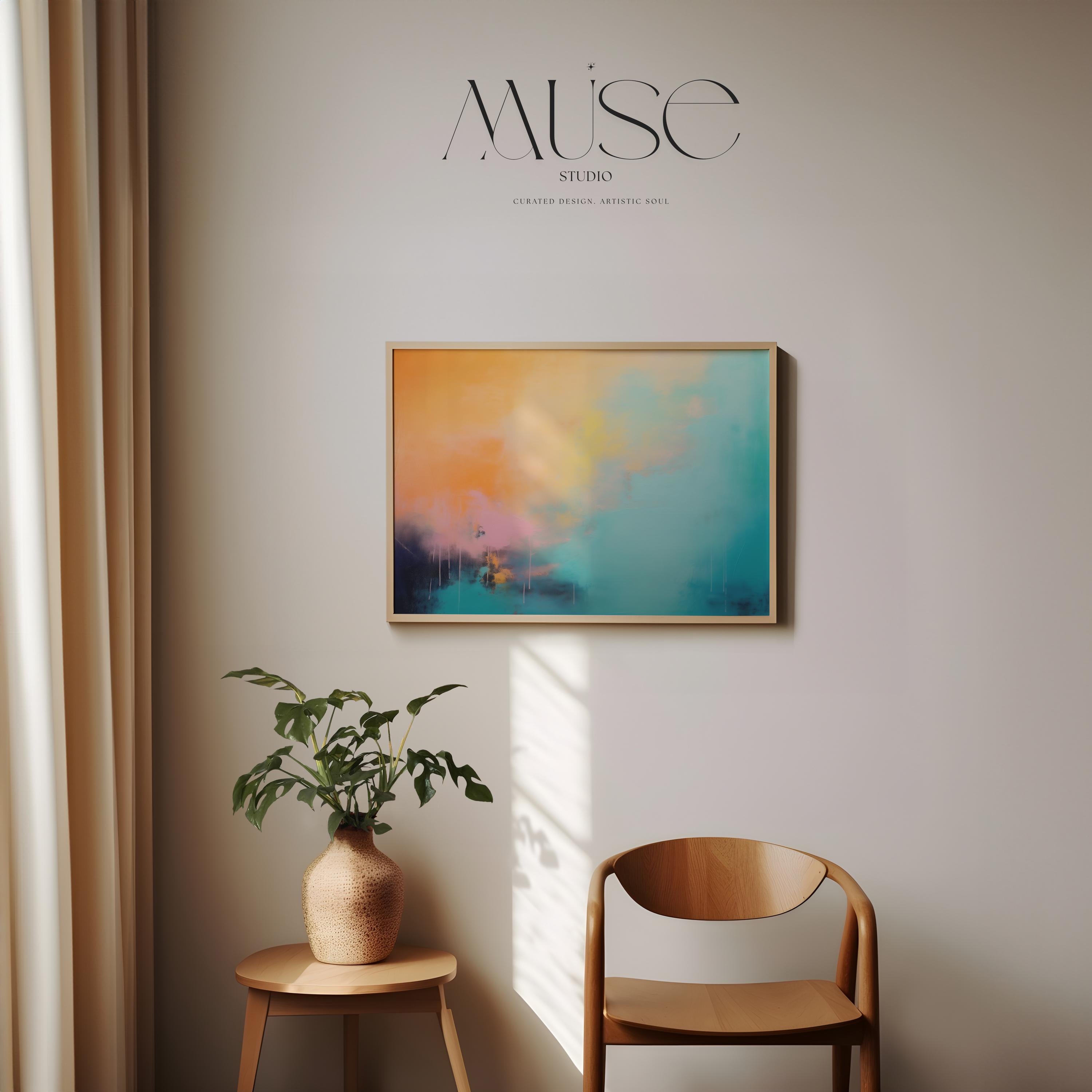 Abstract Poster Print in Turquoise and Peach, Large Horizontal Wall Art for Home Office or Bedroom, Modern Fine Art for Bold Decor 308