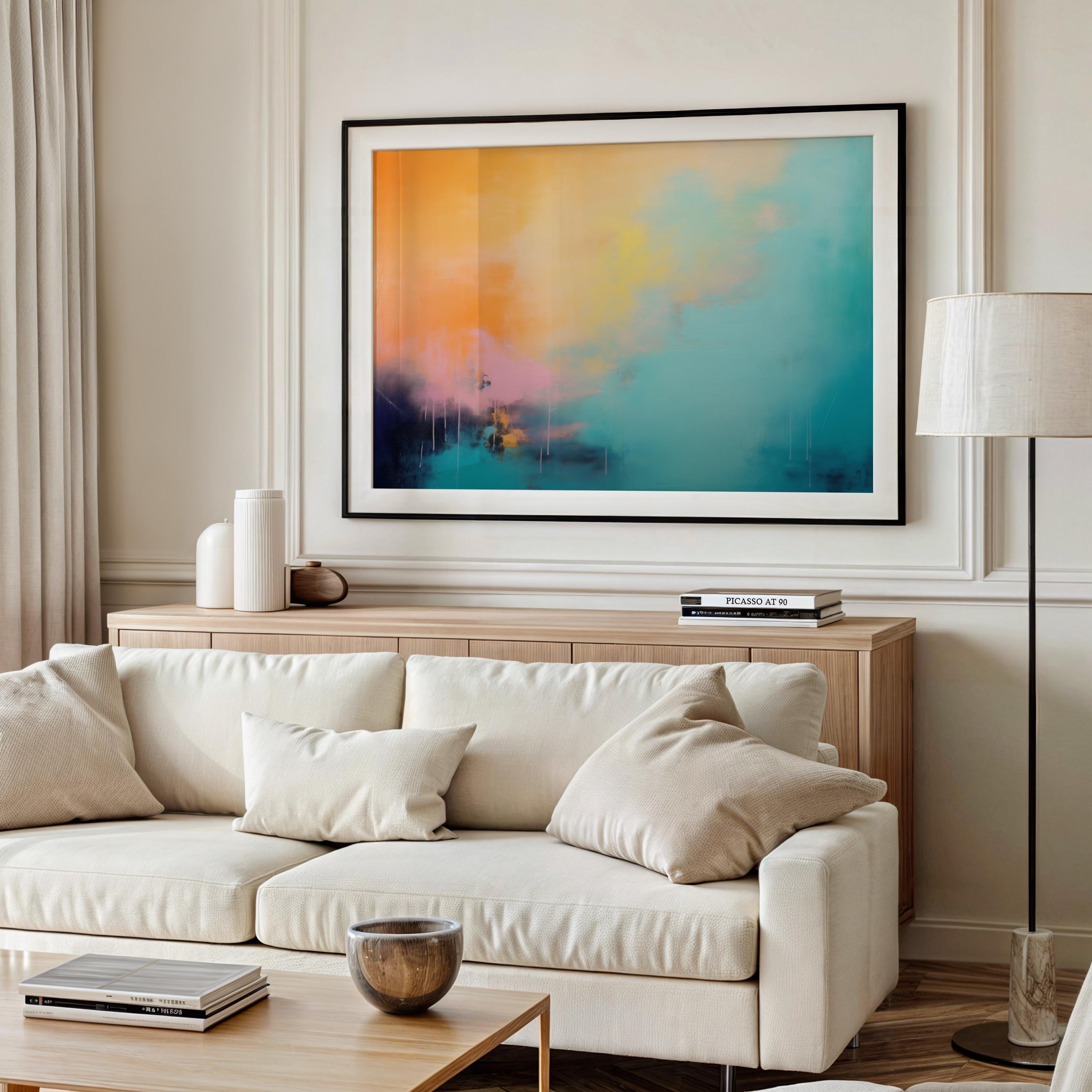 Abstract Poster Print in Turquoise and Peach, Large Horizontal Wall Art for Home Office or Bedroom, Modern Fine Art for Bold Decor 308