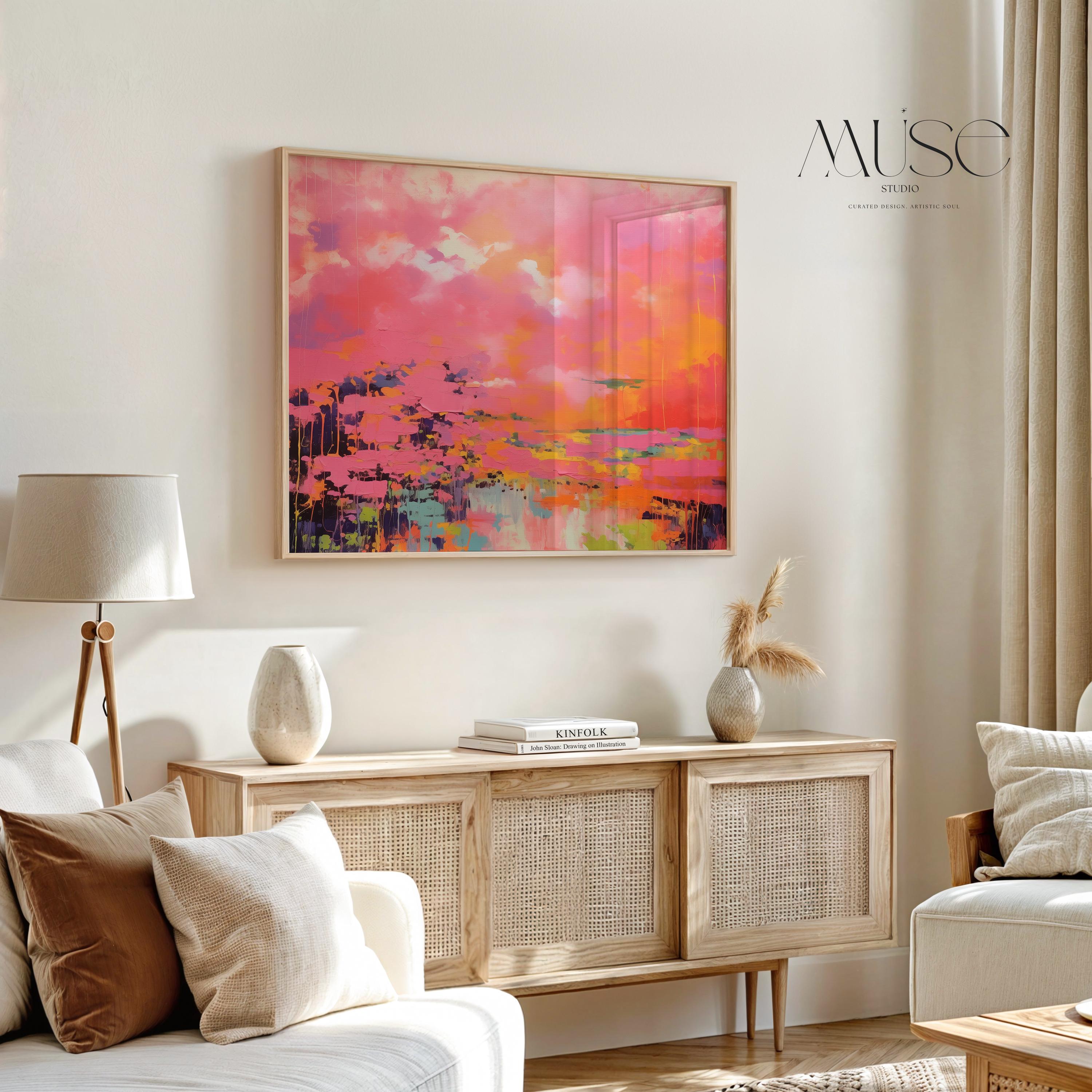 Pink and Orange Fine Art Poster Print, Horizontal Abstract Wall Art for Living Room or Office, Vibrant Colorful Modern Decor Art 313