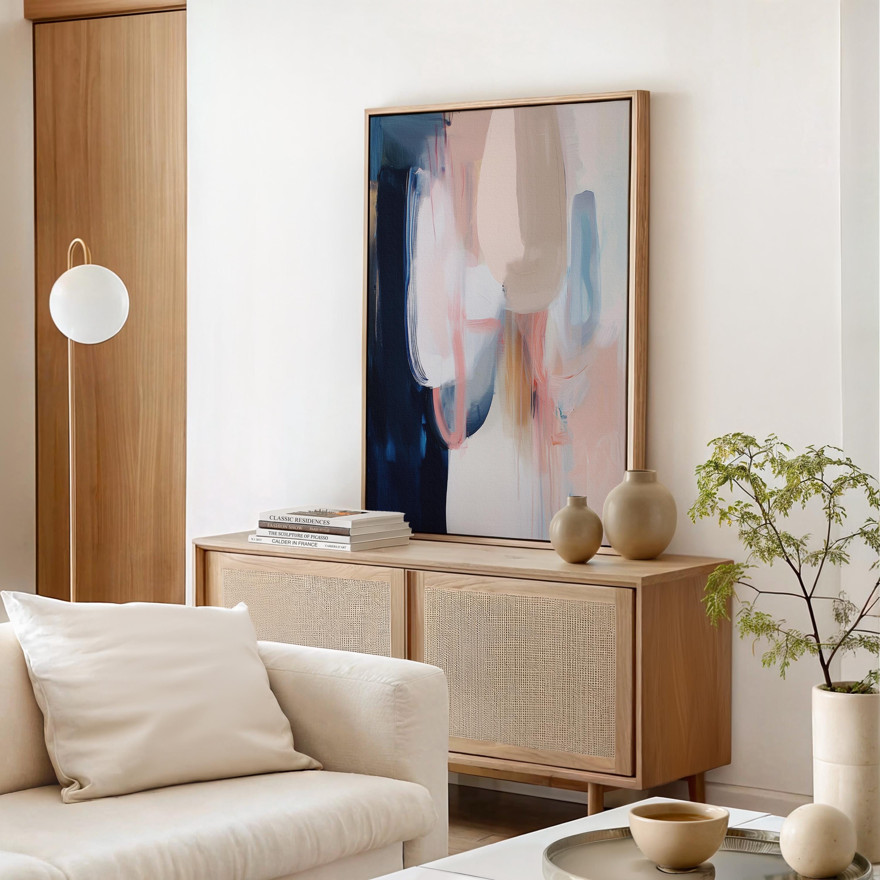 Vertical Framed Canvas in Warm Neutral Tones, Modern Abstract Wall Art for Bedroom or Office, Soft Blush Navy Minimalist Decor 439