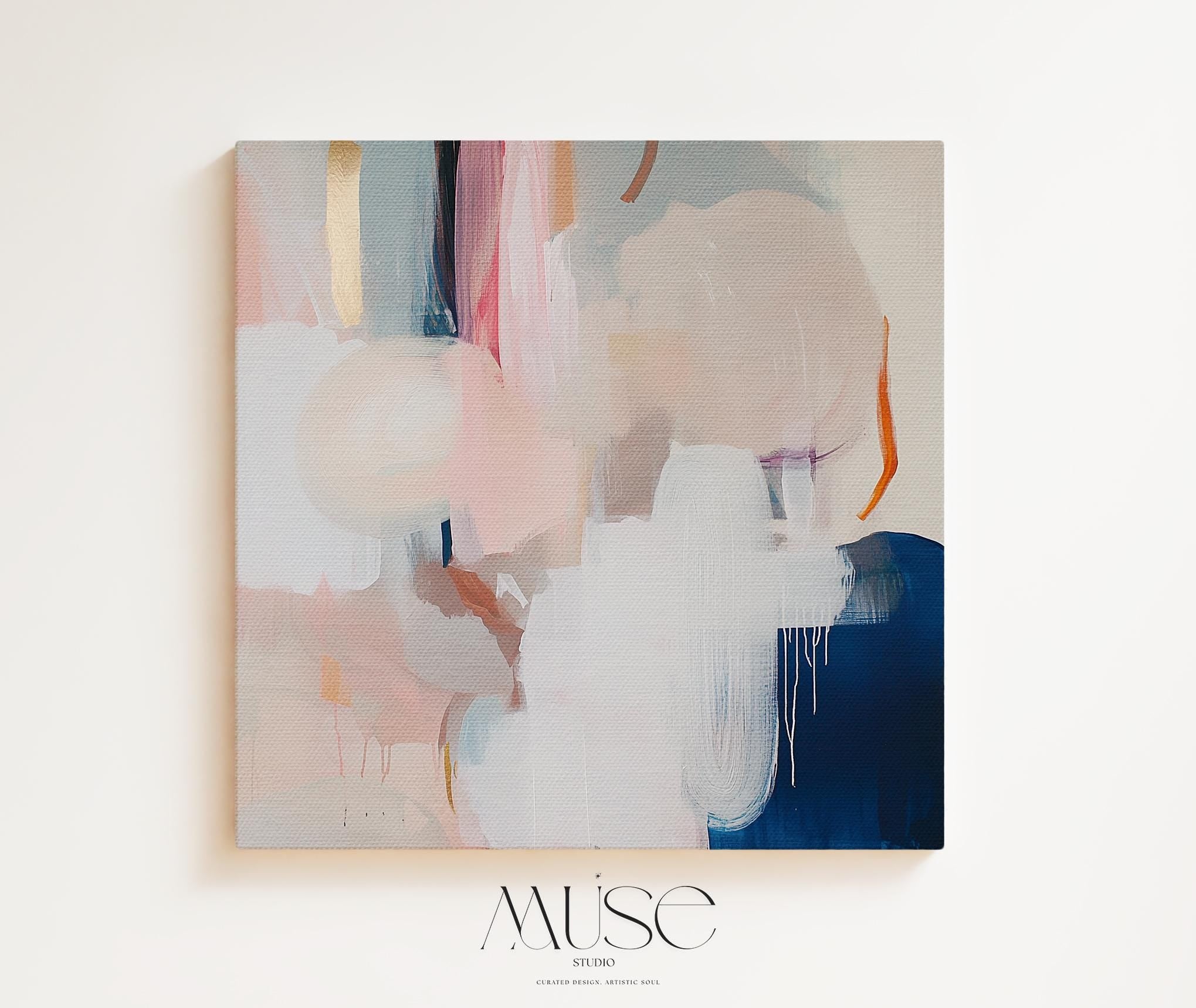 Oversized Square Framed Canvas in Warm Muted Neutrals, Abstract Art for Living Room or Bedroom, Blush Navy Soft Modern Decor Wall Art 441