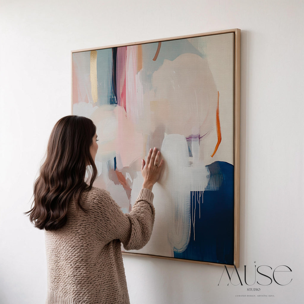 Oversized Square Framed Canvas in Warm Muted Neutrals, Abstract Art for Living Room or Bedroom, Blush Navy Soft Modern Decor Wall Art 441