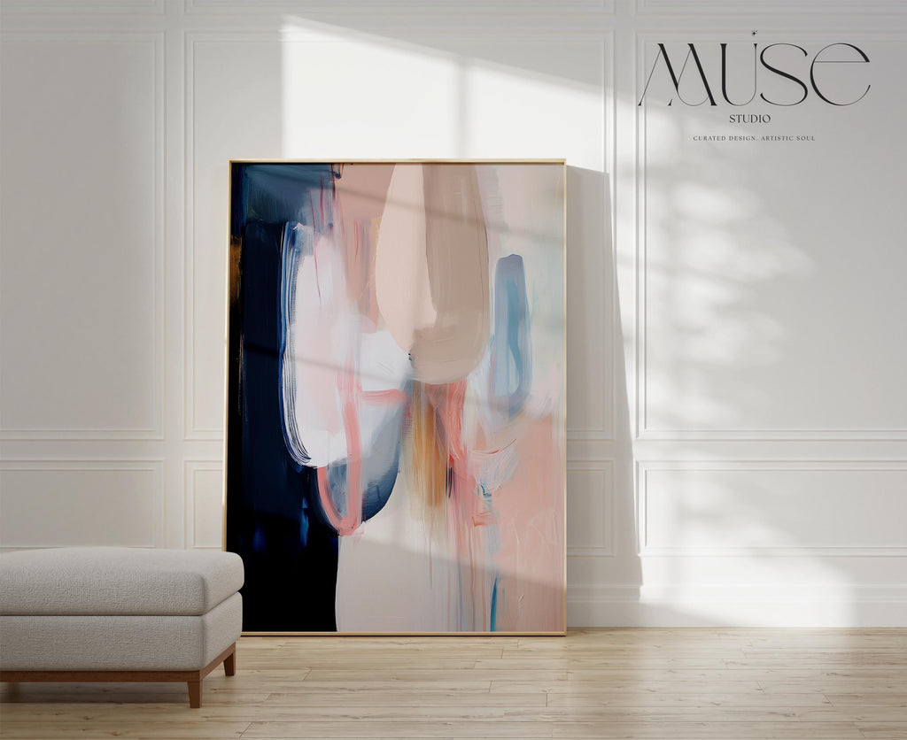 Warm Neutral Vertical Canvas Wall Art in Navy and Blush, Framed Abstract Decor for Bedroom or Office, Soft Contemporary Artwork 439 wall art prints, living room decor, abstract painting, abstract art, modern wall art, modern art, living room art, abstract wall art, canvas wall art, wall art, abstract print, colorful wall art
