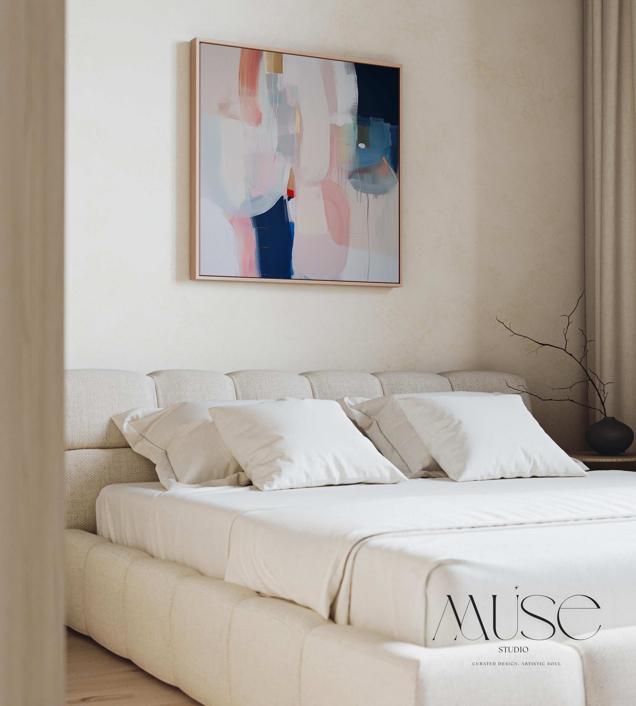 Muted Blush Navy Abstract Wall Art, Warm Neutral Framed Canvas, Minimal Modern Office Decor 438