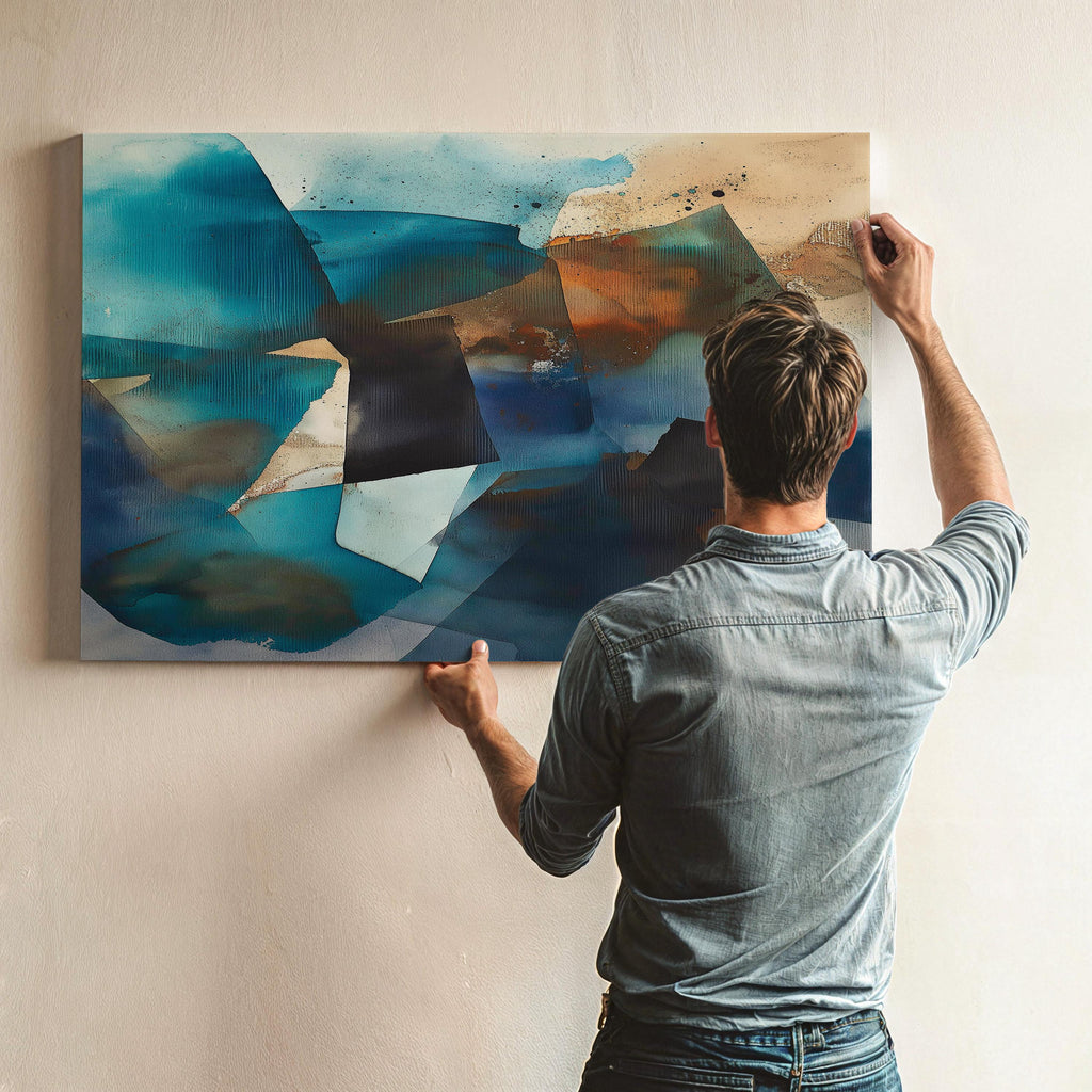 Coastal Abstract Wall Art in Teal and Sand, Large Horizontal Canvas Painting for Living Room or Office, Modern Framed Ocean Decor Art 347