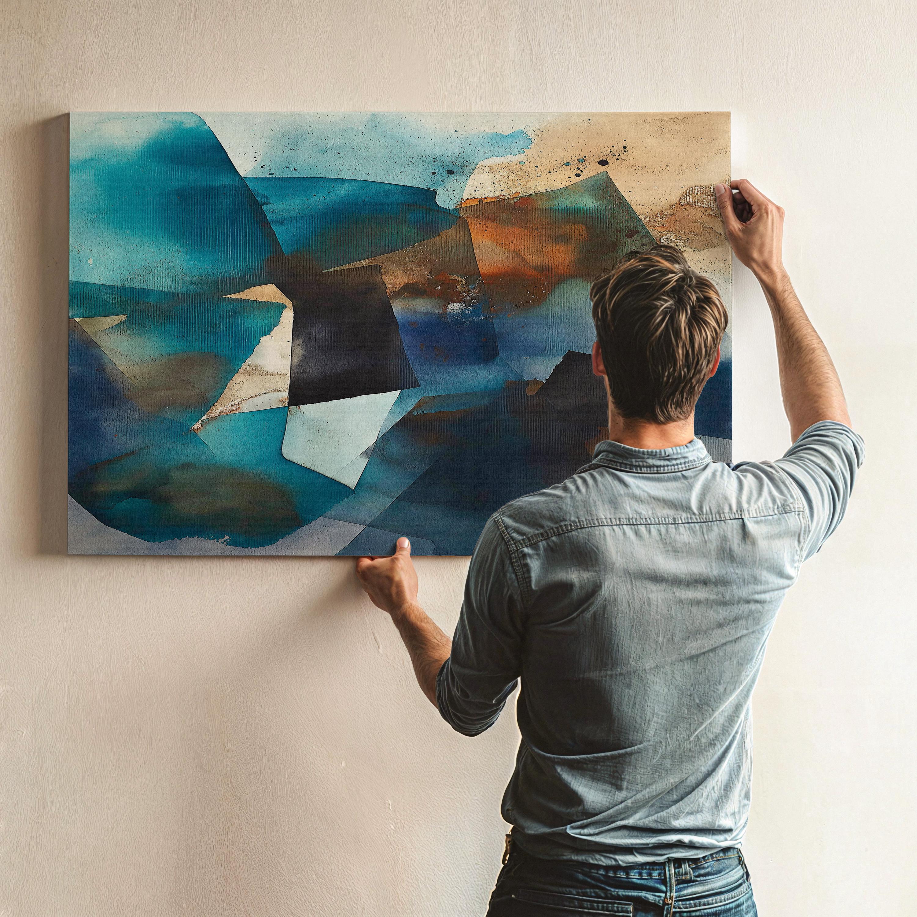 Coastal Abstract Wall Art in Teal and Sand, Large Horizontal Canvas Painting for Living Room or Office, Modern Framed Ocean Decor Art 347