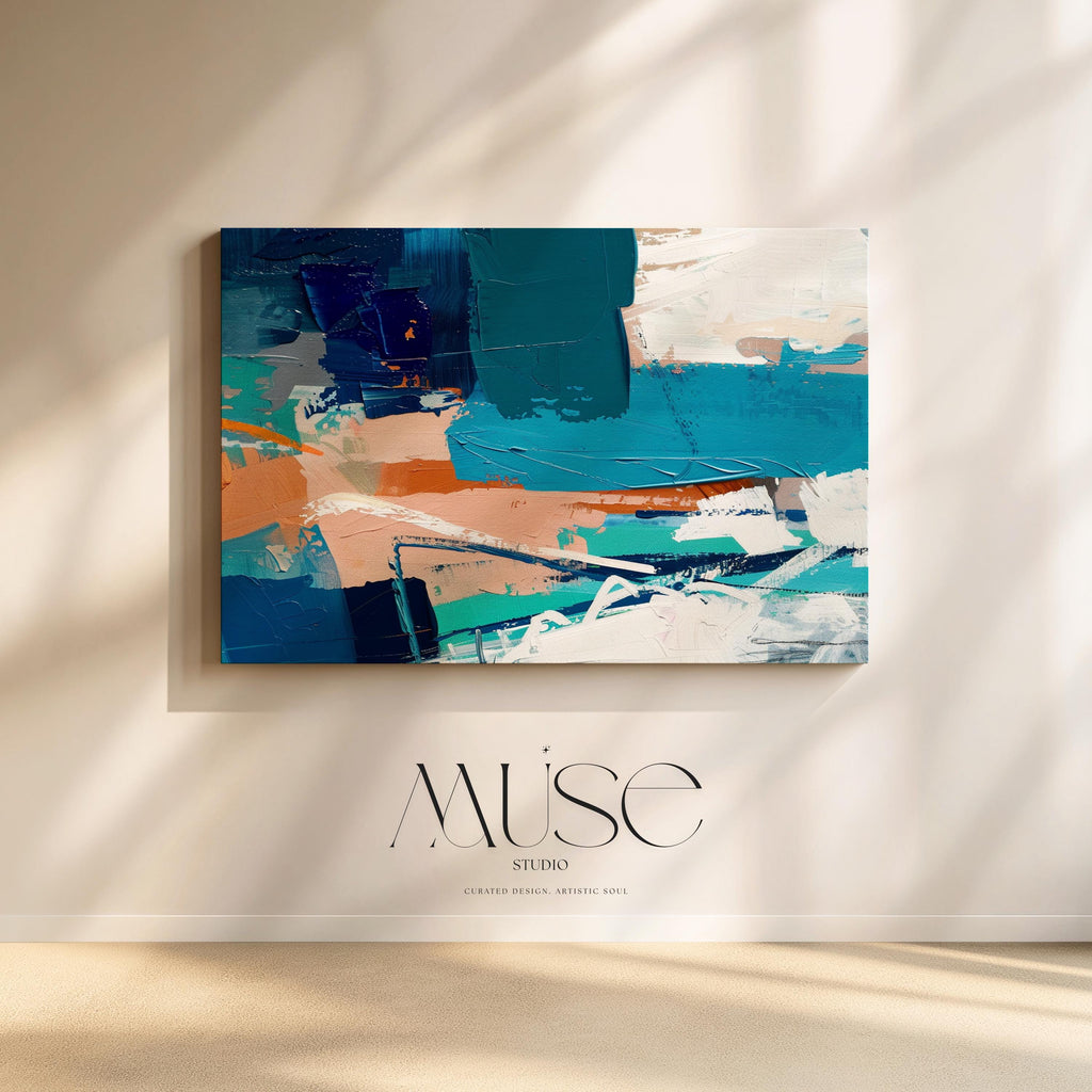 Large Abstract Canvas Wall Art in Teal and Terracotta, Horizontal Framed Artwork for Living Room Decor, Modern Statement Painting 350 Stretched Canvas Art Large abstract wall decor on stretched canvas, gallery-wrapped and ready to hang. Perfect for colorful wall art in living rooms, office spaces, and design projects. Giclée canvas print with bold brushwork and vibrant modern style for impactful home decor. Muse Studio Decor Art.