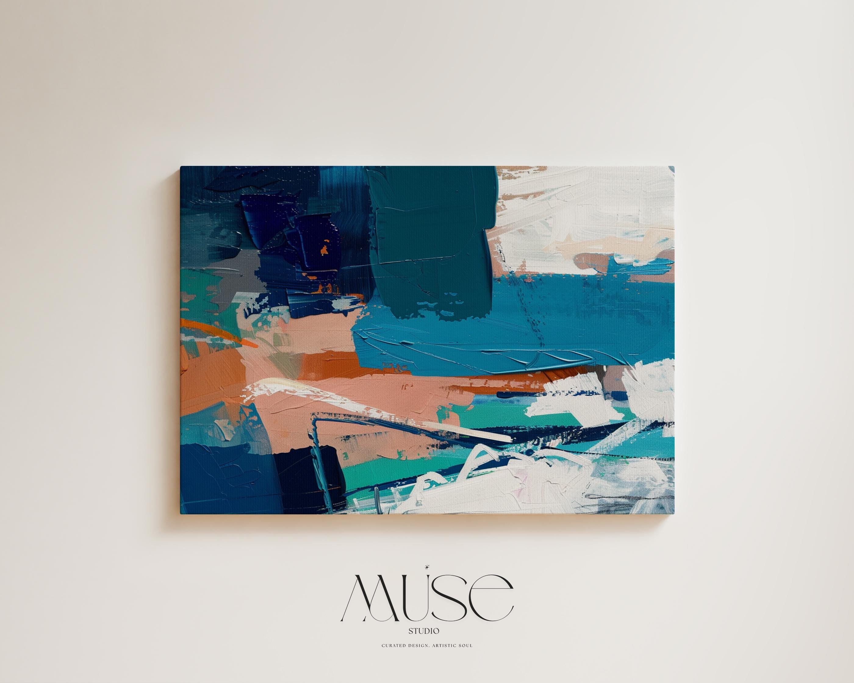Large Abstract Canvas Wall Art in Teal and Terracotta, Horizontal Framed Artwork for Living Room Decor, Modern Statement Painting 350 Stretched Canvas Art Large abstract wall decor on stretched canvas, gallery-wrapped and ready to hang. Perfect for colorful wall art in living rooms, office spaces, and design projects. Giclée canvas print with bold brushwork and vibrant modern style for impactful home decor. Muse Studio Decor Art.