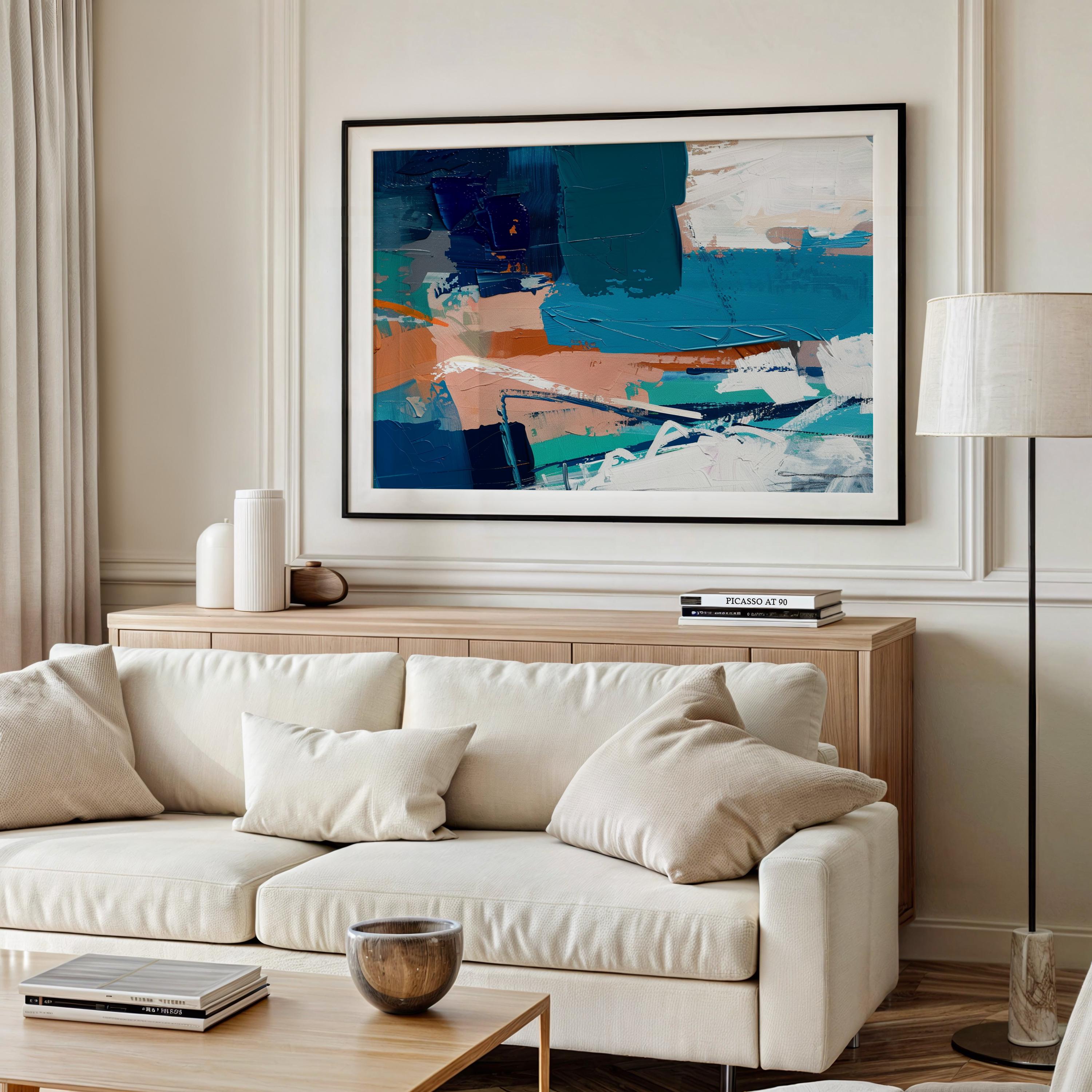 Fine Art Poster Print in Teal and Rust, Horizontal Abstract Wall Art for Contemporary Home Decor, Unframed Large Print Design 350
