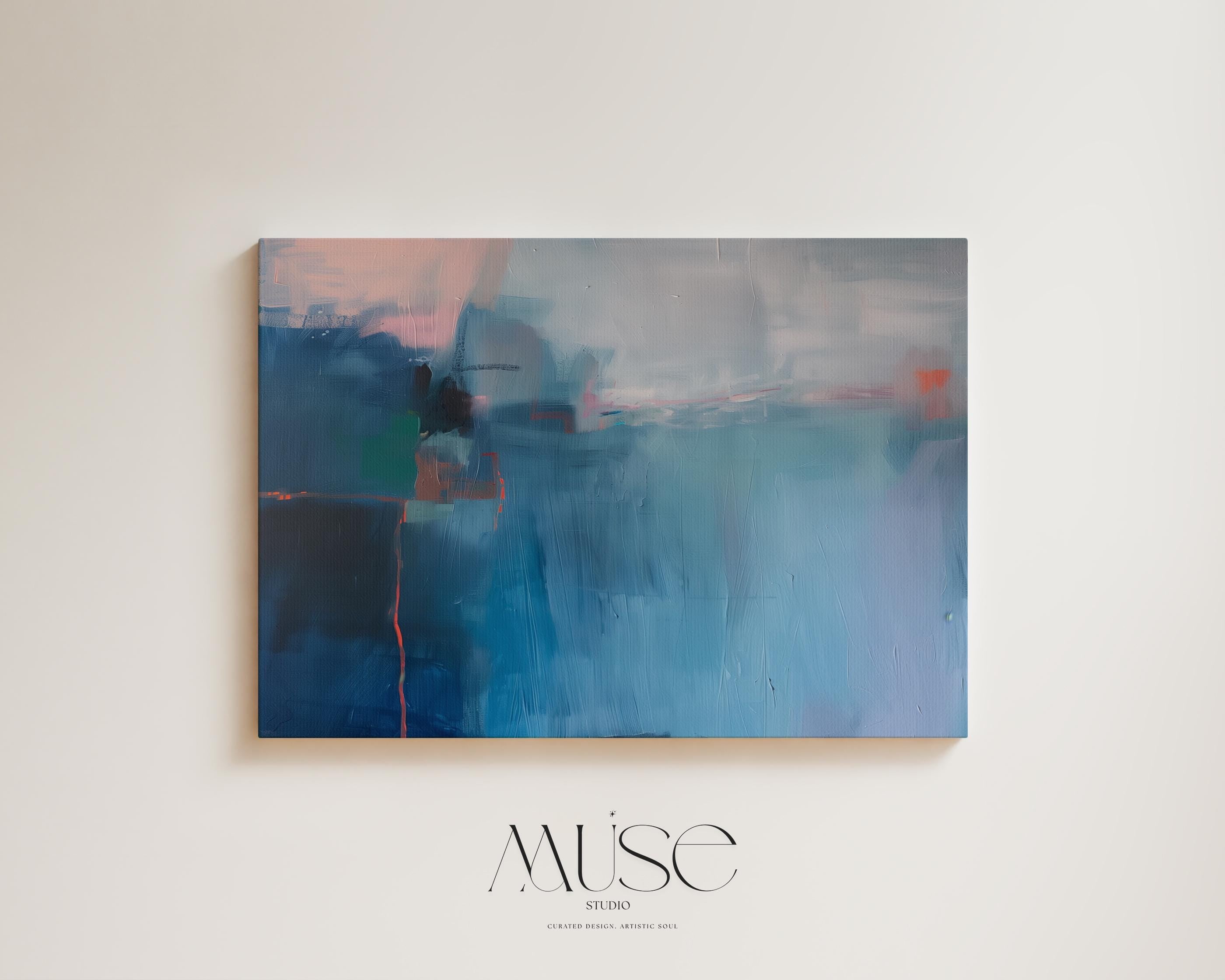 Coastal Blue Horizontal Canvas Wall Art, Large Framed Abstract Painting for Living Room Decor, Soft Textured Ocean Tones Artwork 402 Stretched Canvas Art Large abstract wall decor on stretched canvas, gallery-wrapped and ready to hang. Perfect for colorful wall art in living rooms, office spaces, and design projects. Giclée canvas print with bold brushwork and vibrant modern style for impactful home decor. Muse Studio Decor Art.