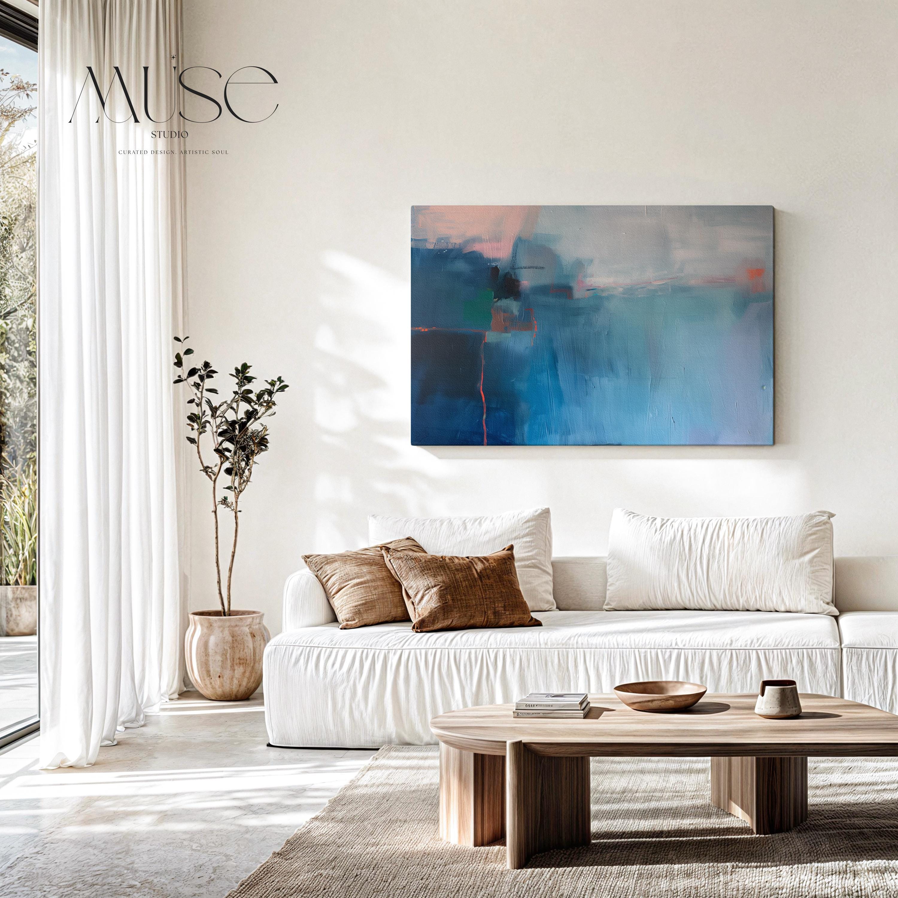 Coastal Blue Horizontal Canvas Wall Art, Large Framed Abstract Painting for Living Room Decor, Soft Textured Ocean Tones Artwork 402 Stretched Canvas Art Large abstract wall decor on stretched canvas, gallery-wrapped and ready to hang. Perfect for colorful wall art in living rooms, office spaces, and design projects. Giclée canvas print with bold brushwork and vibrant modern style for impactful home decor. Muse Studio Decor Art.