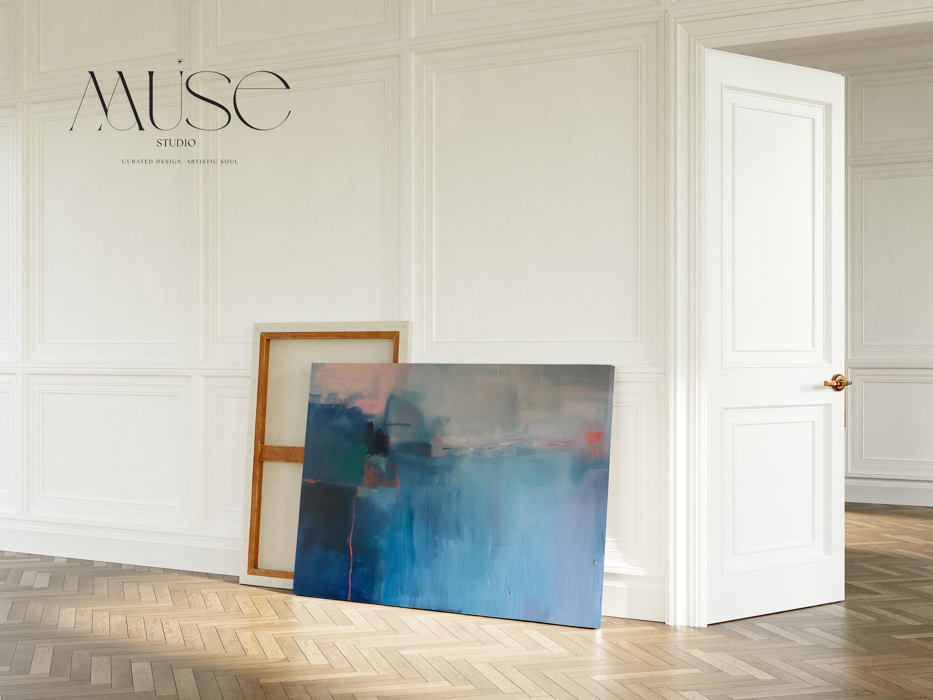 Coastal Blue Horizontal Canvas Wall Art, Large Framed Abstract Painting for Living Room Decor, Soft Textured Ocean Tones Artwork 402 Stretched Canvas Art Large abstract wall decor on stretched canvas, gallery-wrapped and ready to hang. Perfect for colorful wall art in living rooms, office spaces, and design projects. Giclée canvas print with bold brushwork and vibrant modern style for impactful home decor. Muse Studio Decor Art.
