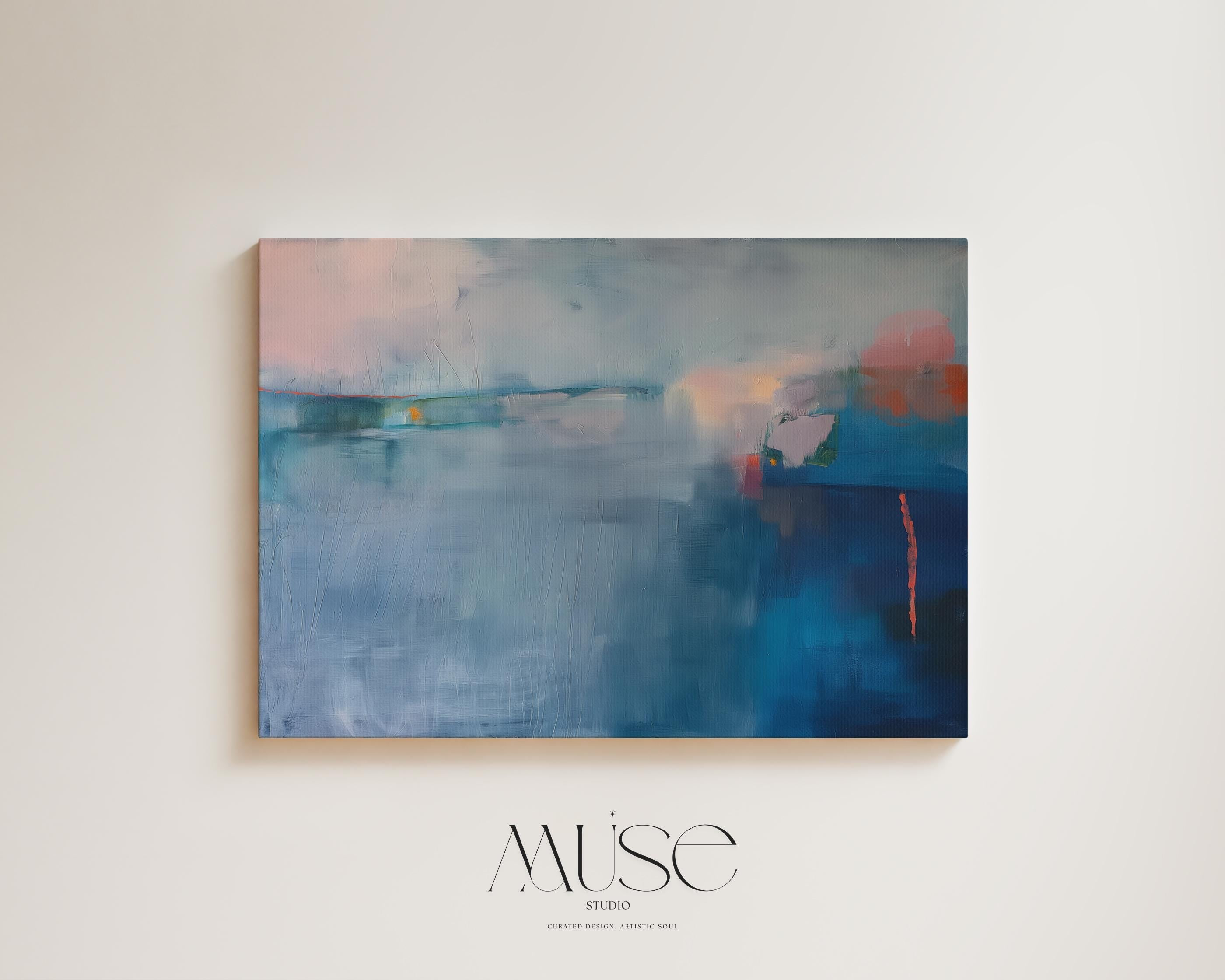 Large Horizontal Blue Canvas Wall Art, Abstract Coastal Painting in Navy and Mist, Framed Art for Living Room or Bedroom Decor 265 Stretched Canvas Art Large abstract wall decor on stretched canvas, gallery-wrapped and ready to hang. Perfect for colorful wall art in living rooms, office spaces, and design projects. Giclée canvas print with bold brushwork and vibrant modern style for impactful home decor. Muse Studio Decor Art.