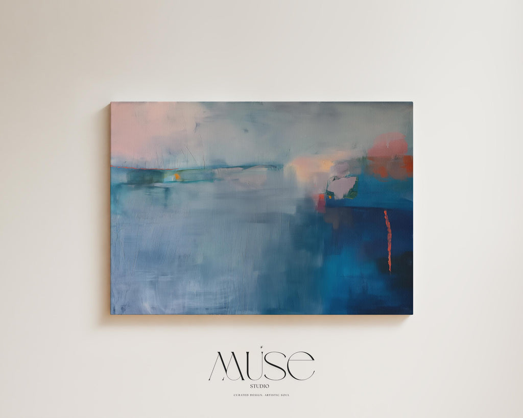 Large Horizontal Blue Canvas Wall Art, Abstract Coastal Painting in Navy and Mist, Framed Art for Living Room or Bedroom Decor 265 Stretched Canvas Art Large abstract wall decor on stretched canvas, gallery-wrapped and ready to hang. Perfect for colorful wall art in living rooms, office spaces, and design projects. Giclée canvas print with bold brushwork and vibrant modern style for impactful home decor. Muse Studio Decor Art.