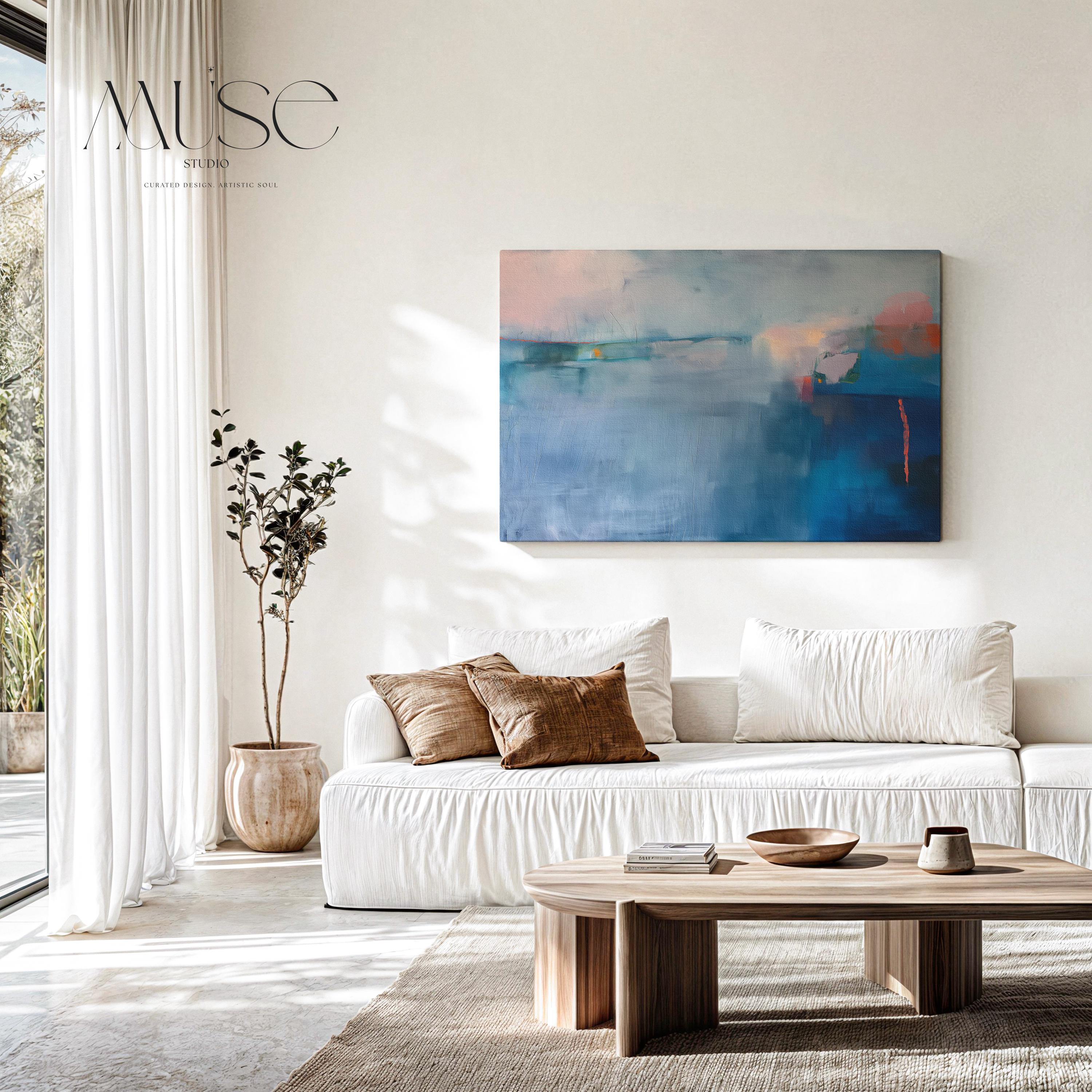 Large Horizontal Blue Canvas Wall Art, Abstract Coastal Painting in Navy and Mist, Framed Art for Living Room or Bedroom Decor 265 Stretched Canvas Art Large abstract wall decor on stretched canvas, gallery-wrapped and ready to hang. Perfect for colorful wall art in living rooms, office spaces, and design projects. Giclée canvas print with bold brushwork and vibrant modern style for impactful home decor. Muse Studio Decor Art.