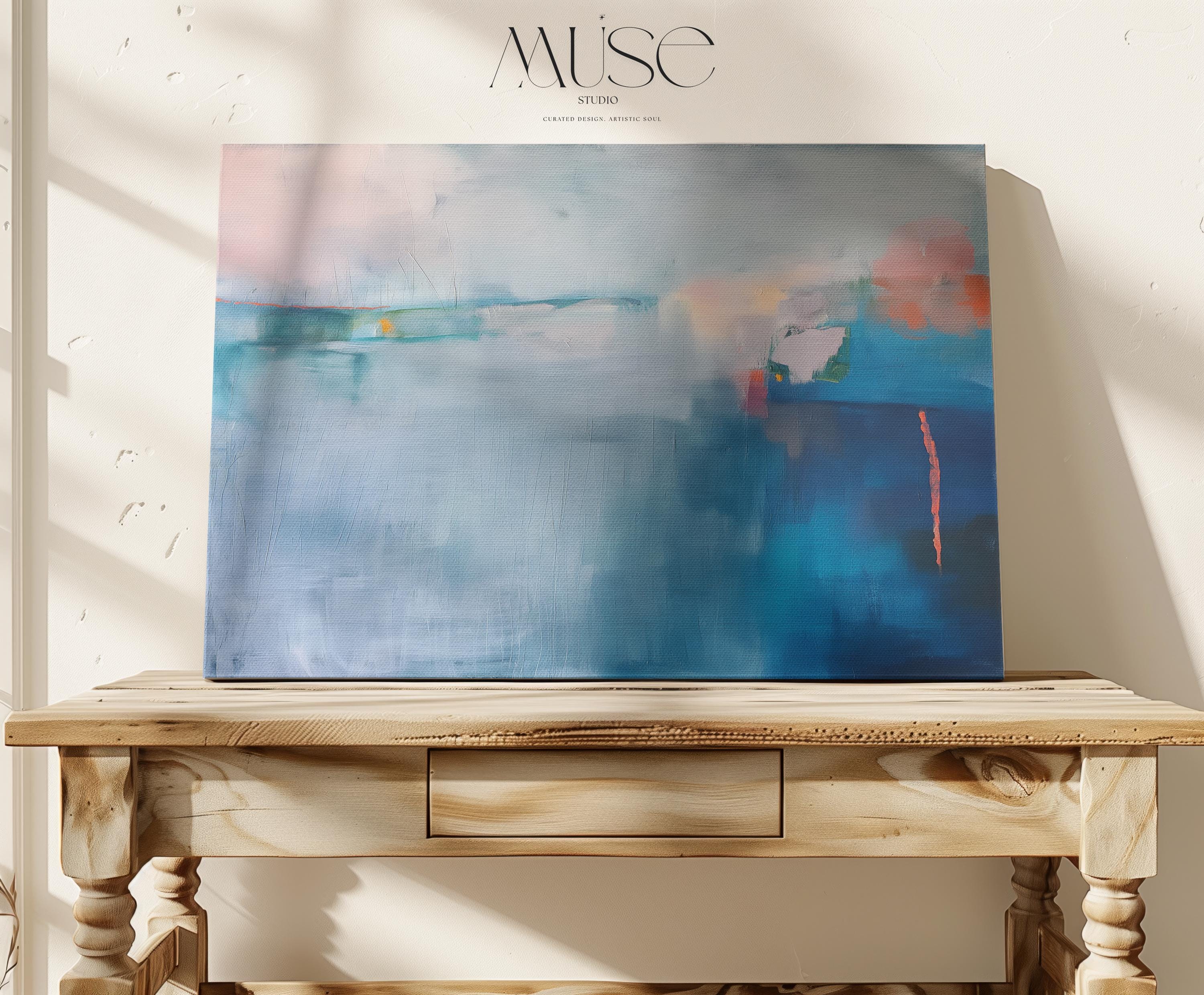 Large Horizontal Blue Canvas Wall Art, Abstract Coastal Painting in Navy and Mist, Framed Art for Living Room or Bedroom Decor 265 Stretched Canvas Art Large abstract wall decor on stretched canvas, gallery-wrapped and ready to hang. Perfect for colorful wall art in living rooms, office spaces, and design projects. Giclée canvas print with bold brushwork and vibrant modern style for impactful home decor. Muse Studio Decor Art.