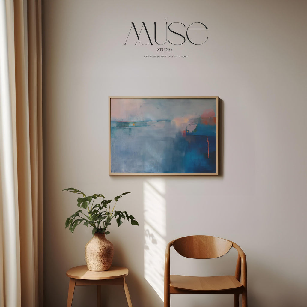 Fine Art Poster Print Coastal Blue Abstract, Horizontal Wall Art in Mist and Navy, Large Giclée Print for Bedroom or Living Room 265