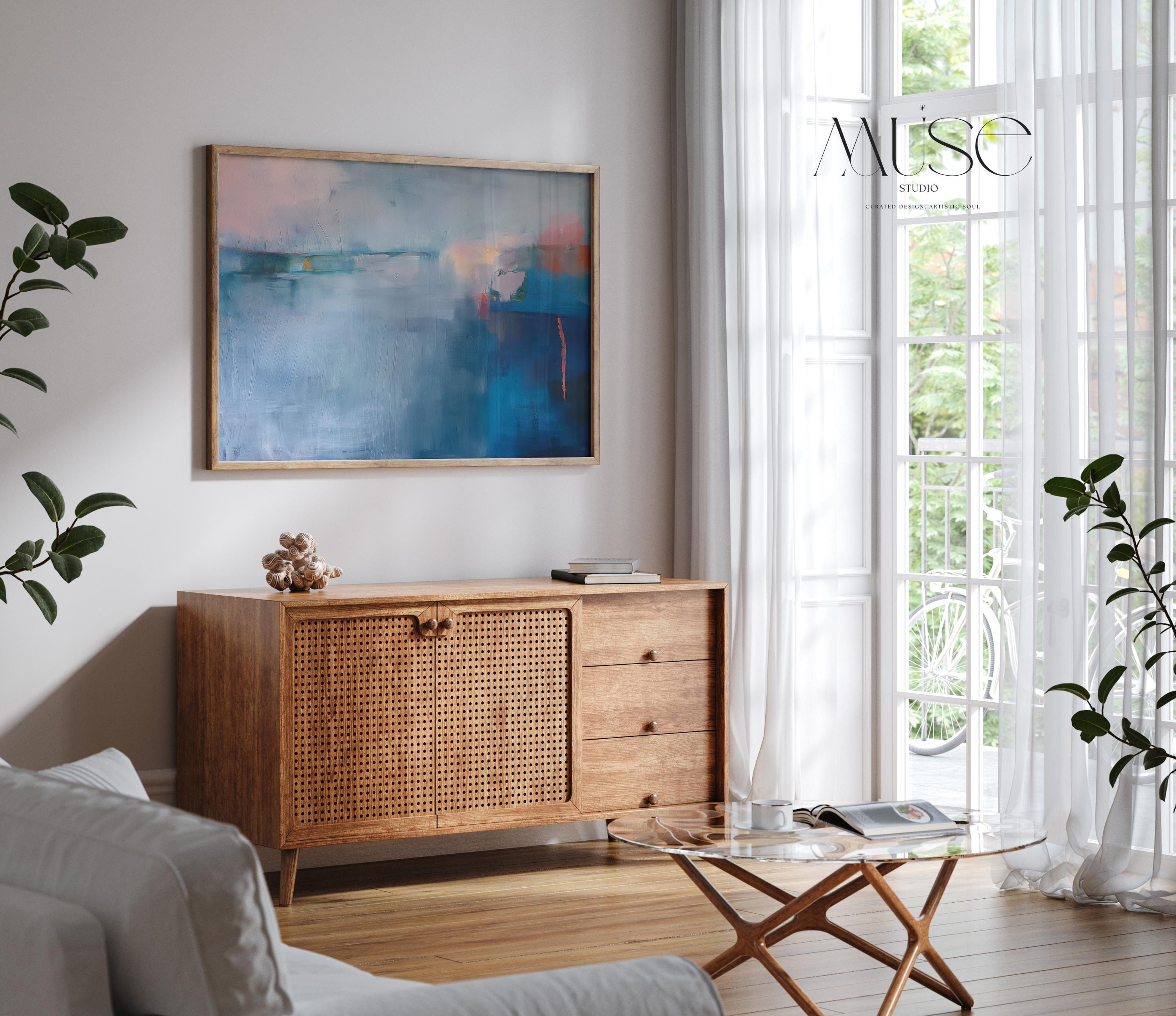 Fine Art Poster Print Coastal Blue Abstract, Horizontal Wall Art in Mist and Navy, Large Giclée Print for Bedroom or Living Room 265