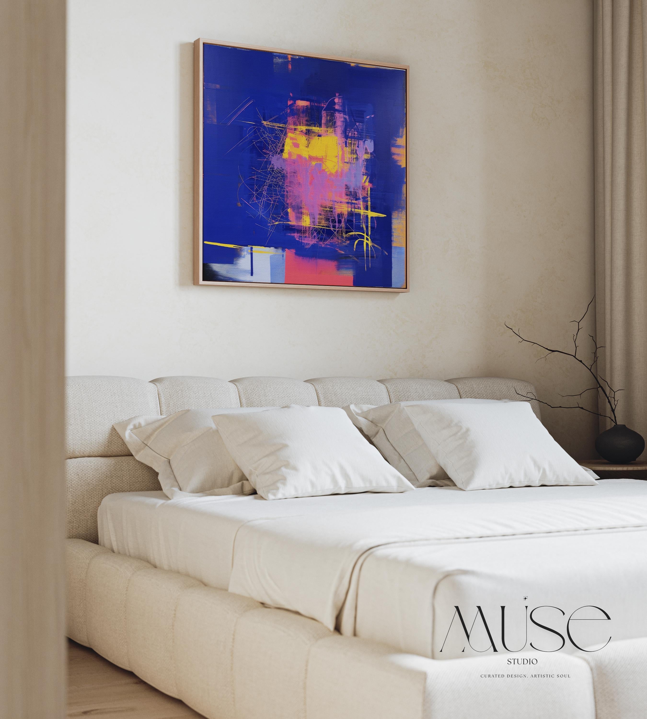 Bright Colorful Framed Abstract Wall Art, Bold Blue and Pink Square Canvas for Eclectic Interiors, Dopamine Decor Statement Piece 002