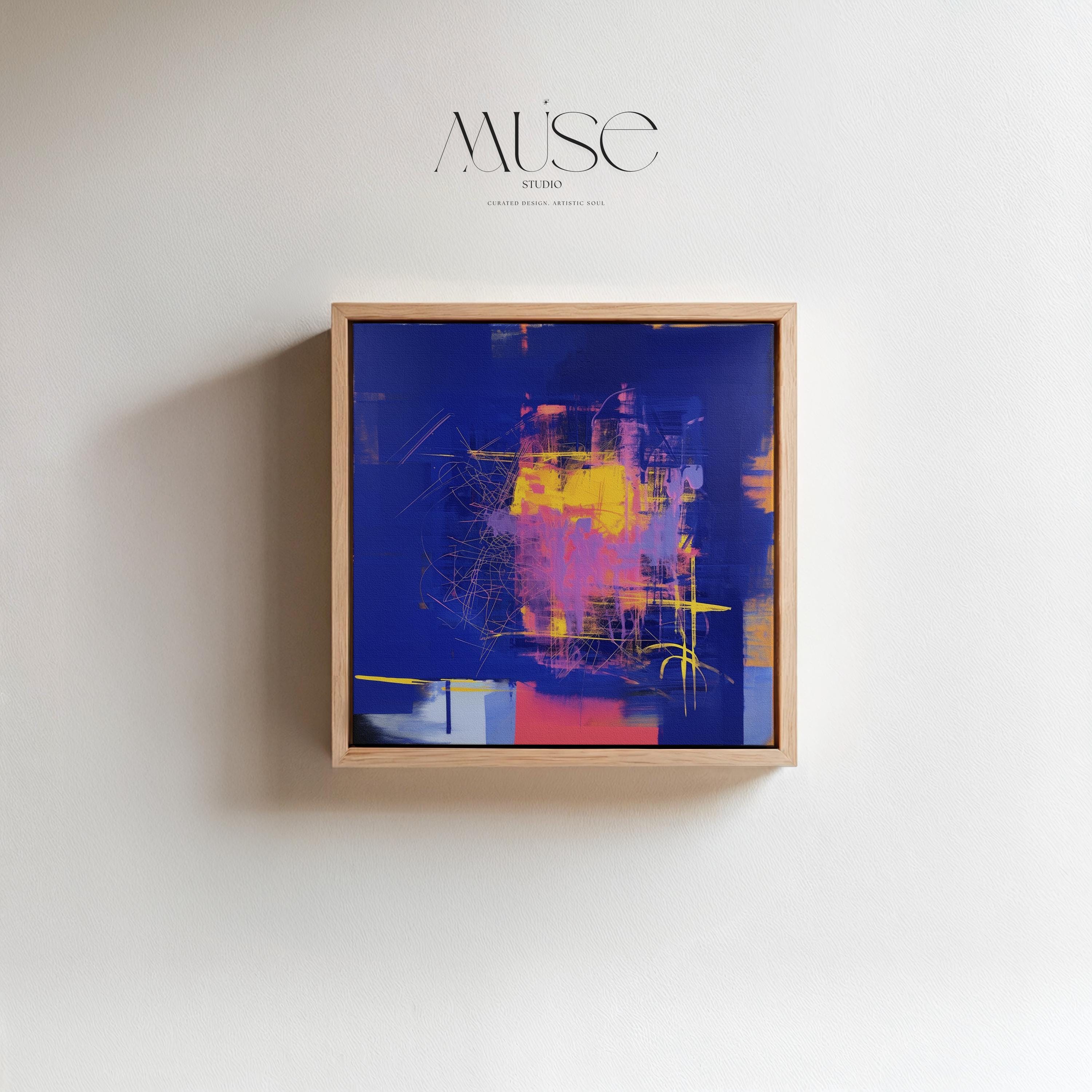 Bright Colorful Framed Abstract Wall Art, Bold Blue and Pink Square Canvas for Eclectic Interiors, Dopamine Decor Statement Piece 002
