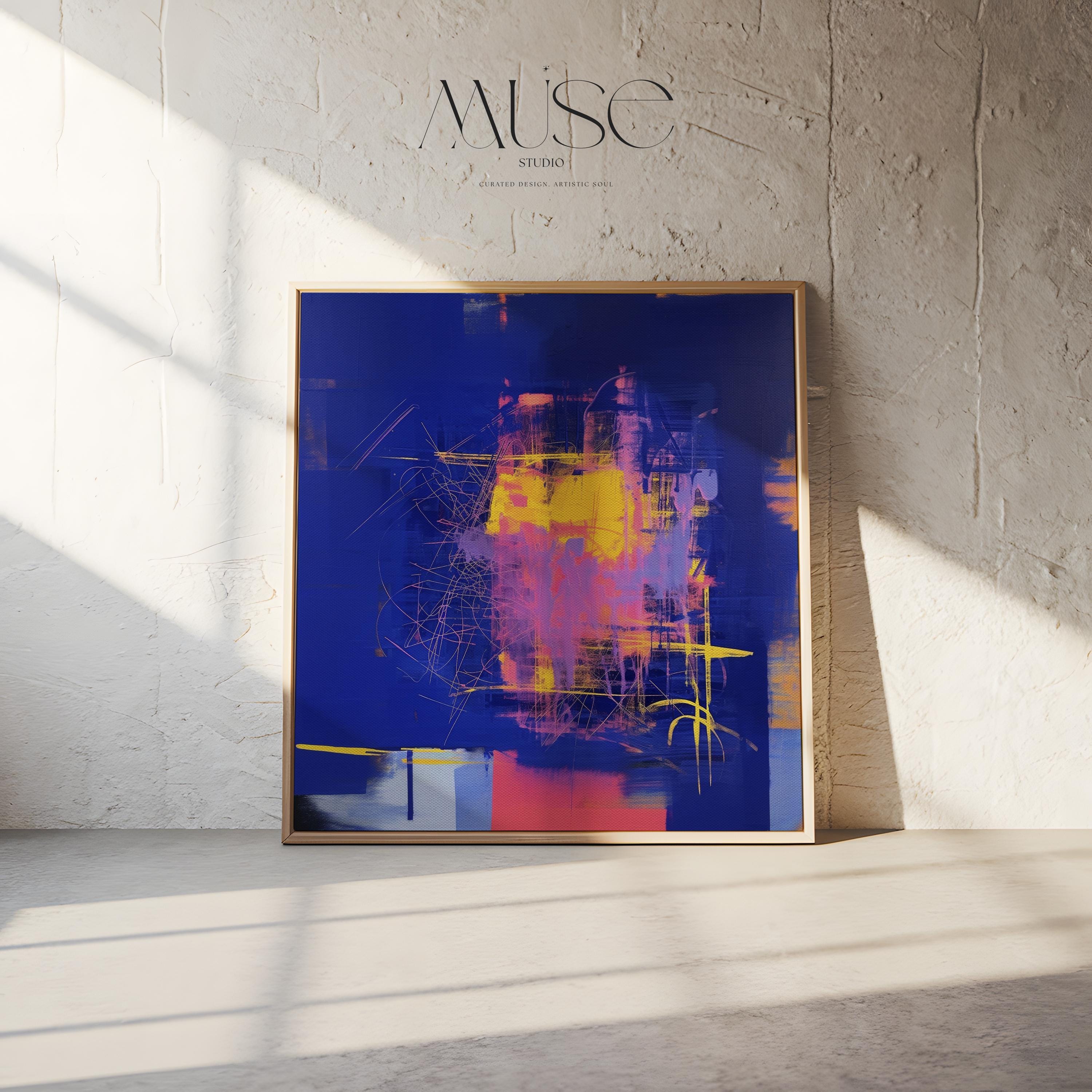 Bright Colorful Framed Abstract Wall Art, Bold Blue and Pink Square Canvas for Eclectic Interiors, Dopamine Decor Statement Piece 002