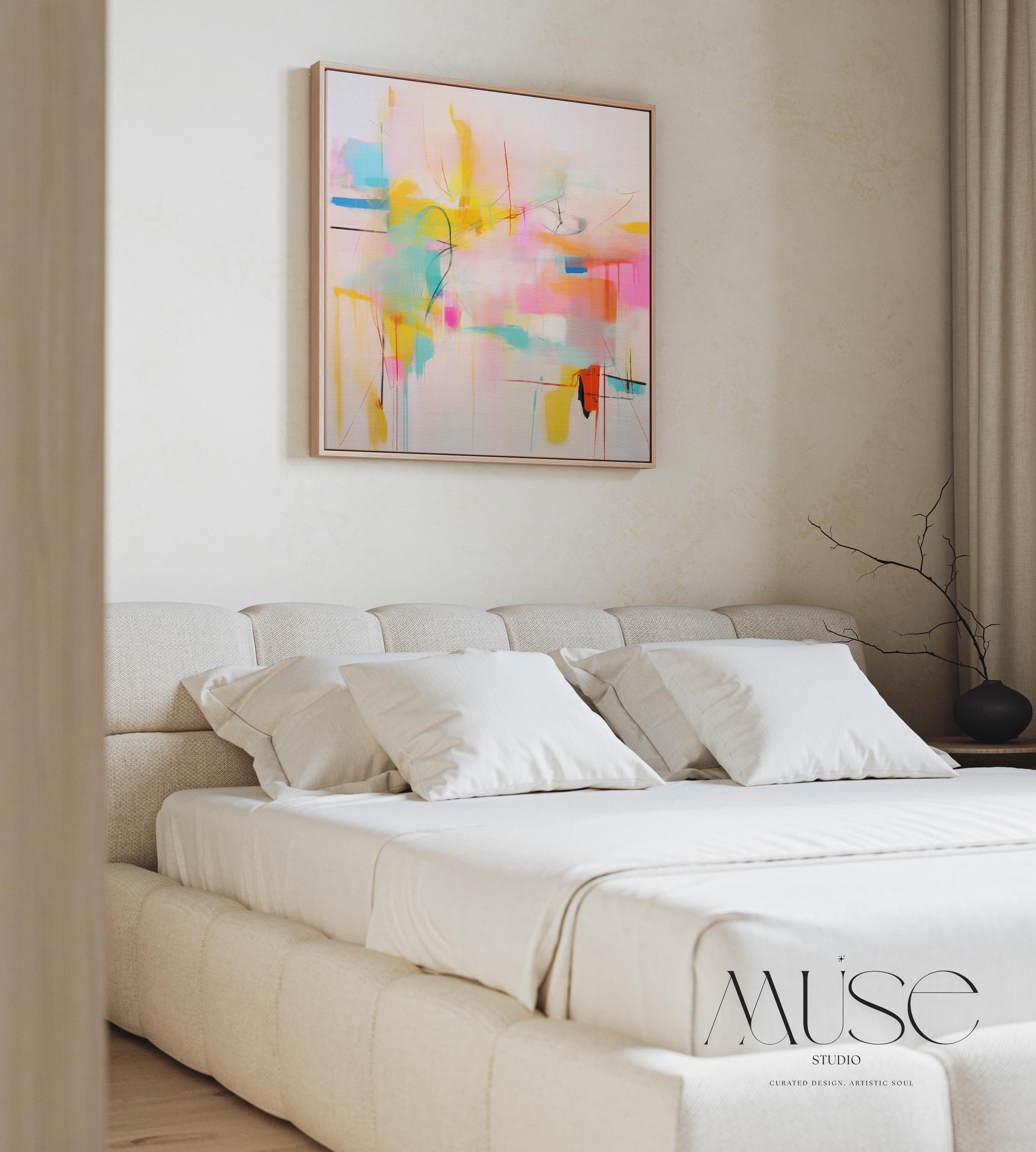 Colorful Square Framed Abstract Wall Art, Vibrant Pink Yellow and Aqua Canvas, Playful Dopamine Decor for Modern Interiors 031