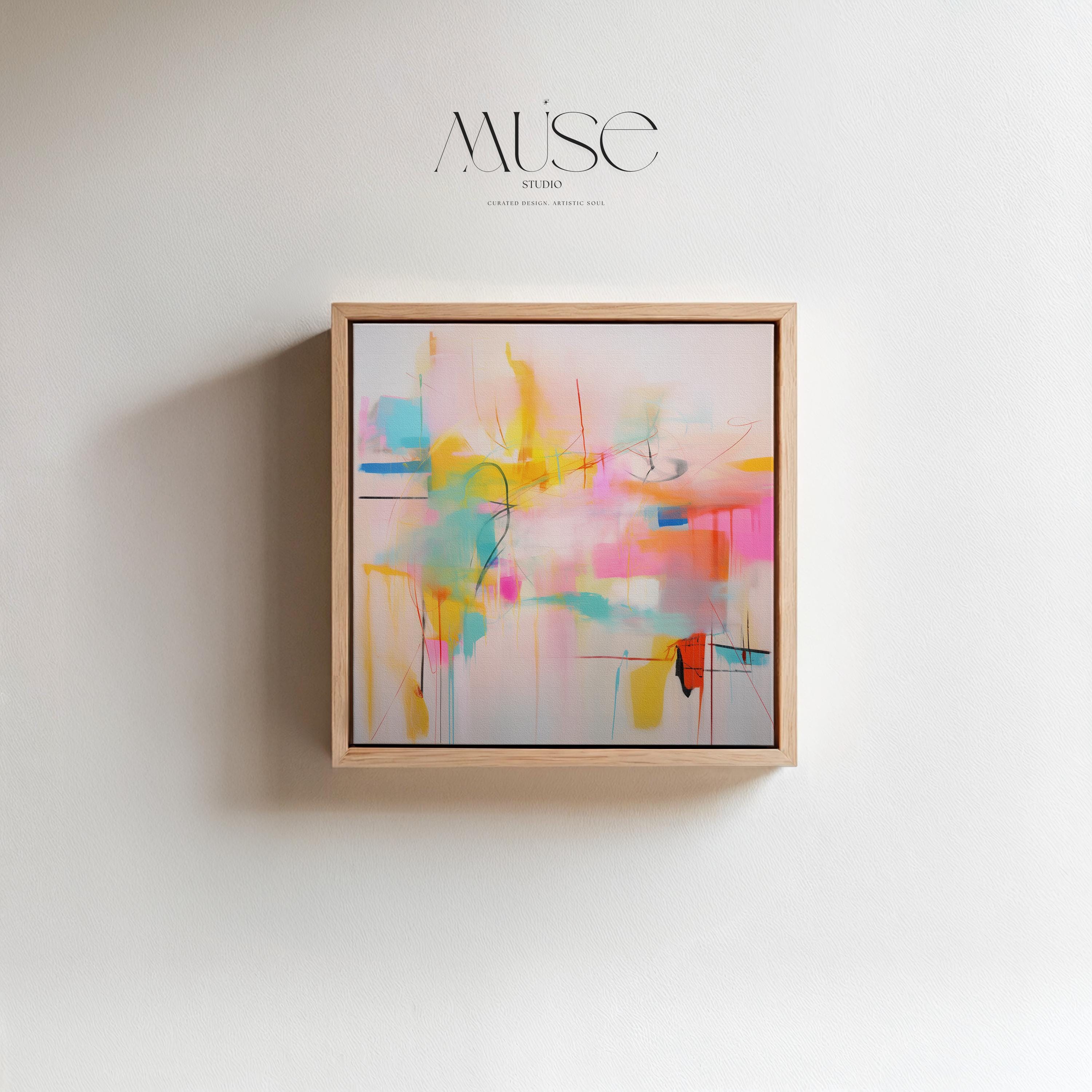 Colorful Square Framed Abstract Wall Art, Vibrant Pink Yellow and Aqua Canvas, Playful Dopamine Decor for Modern Interiors 031 Framed Canvas Art Colorful abstract wall art on framed canvas, perfect for bold decor art and modern wall decor. Large statement piece with expressive brushstrokes and rich textures. Ready-to-hang giclée canvas designed to energize living rooms, offices, and curated interiors. Muse Studio Decor Art.