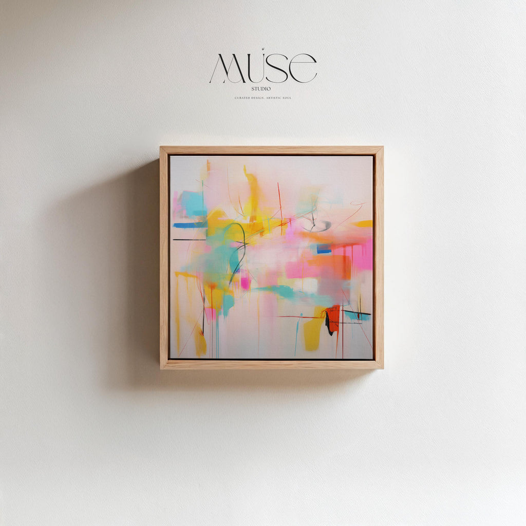 Colorful Square Framed Abstract Wall Art, Vibrant Pink Yellow and Aqua Canvas, Playful Dopamine Decor for Modern Interiors 031 Framed Canvas Art Colorful abstract wall art on framed canvas, perfect for bold decor art and modern wall decor. Large statement piece with expressive brushstrokes and rich textures. Ready-to-hang giclée canvas designed to energize living rooms, offices, and curated interiors. Muse Studio Decor Art.