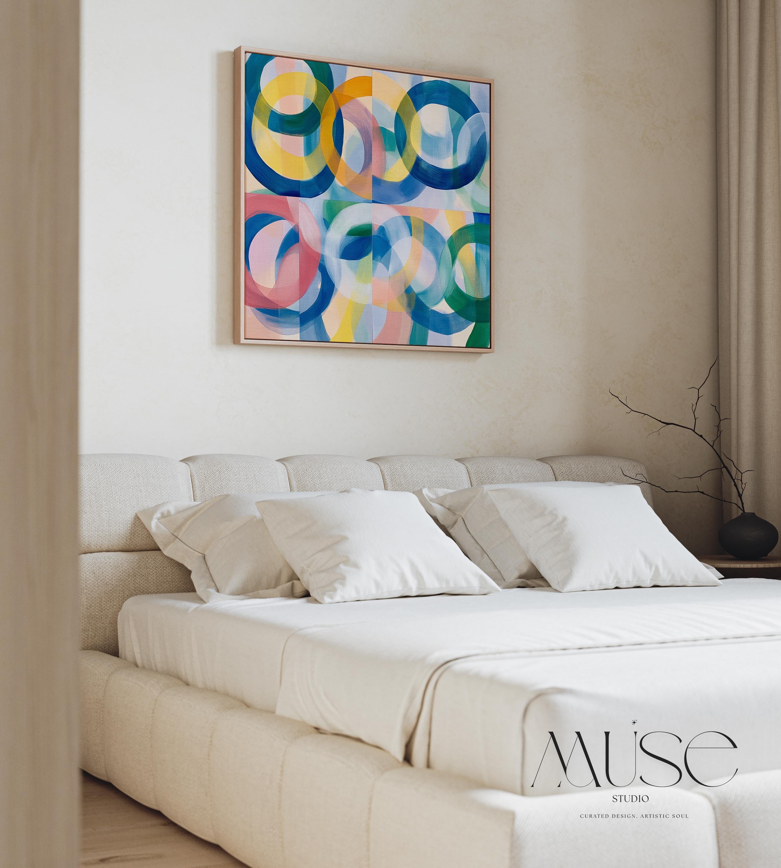 Colorful Modern Framed Abstract Wall Art, Bold Circle Pattern in Pink Blue and Yellow, Geometric Canvas Decor for Contemporary Homes 410