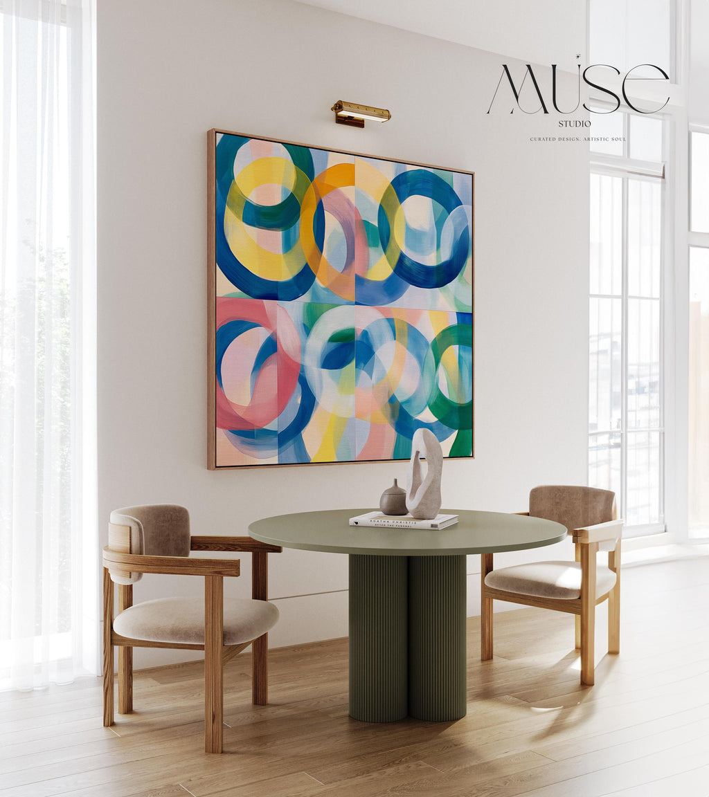 Midcentury Modern Colorful Abstract Wall Art by Muse Studio, Square Geometric Circle Painting in Bold Red Blue Yellow, Floating Framed Canvas or Poster for Living Room or Office Decor, museum-grade giclée print quality