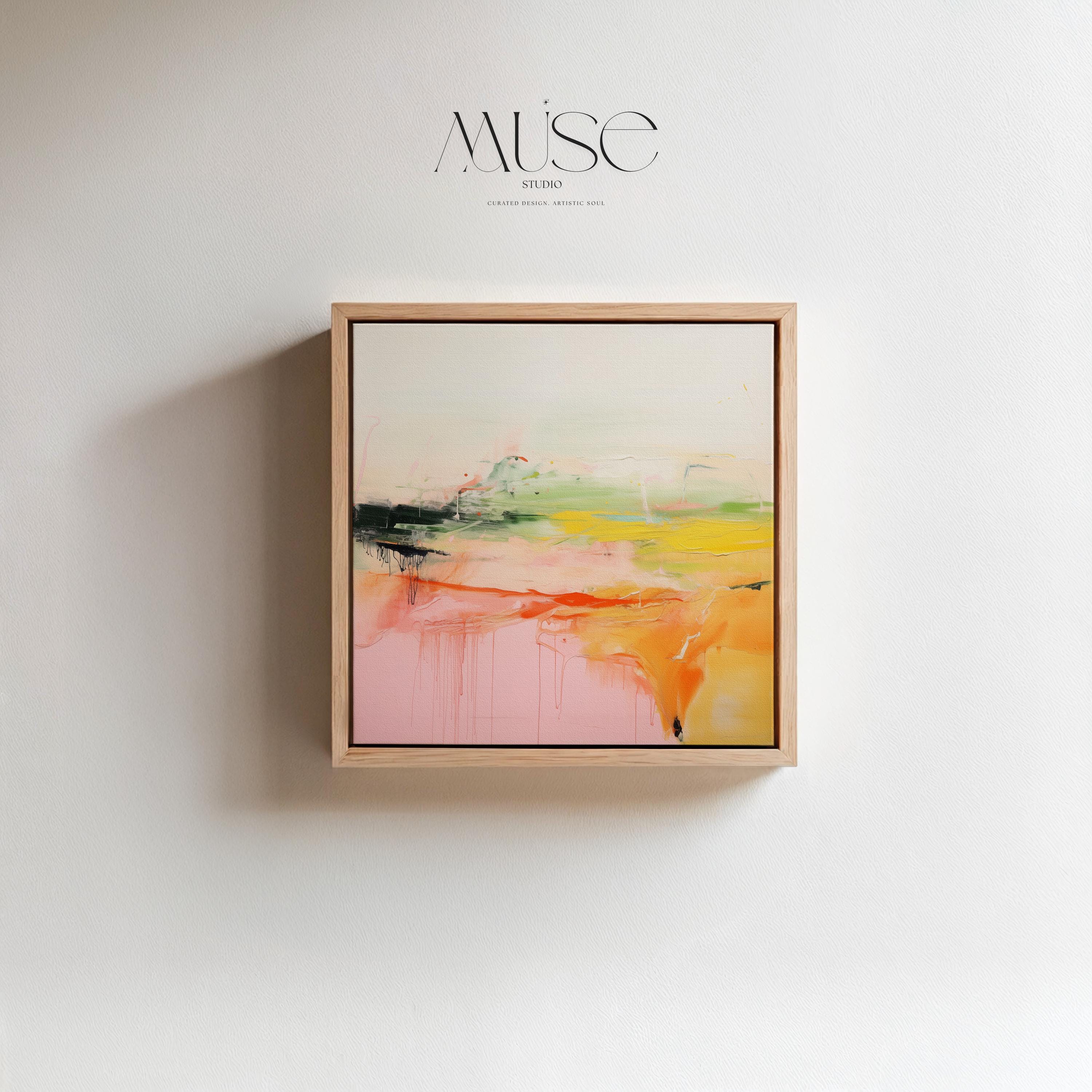 Framed Abstract Landscape Wall Art in Pink Orange and Green, Modern Square Canvas for Living Room or Entryway, Summer Decor Statement 290
