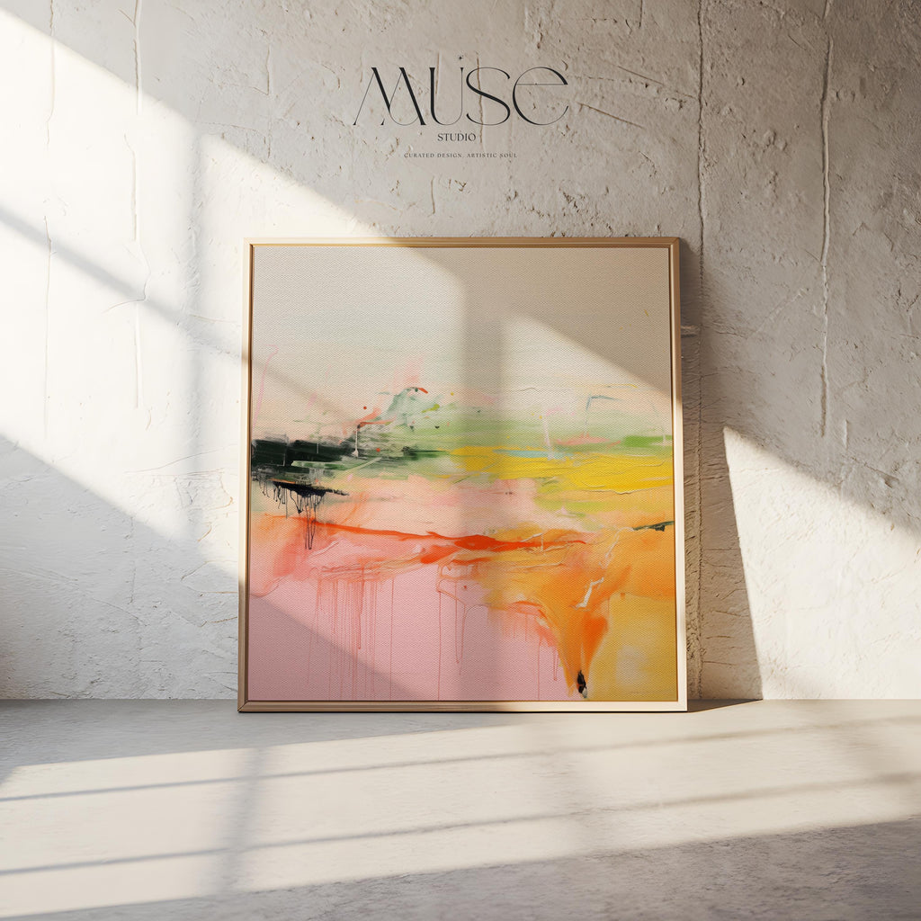 Framed Abstract Landscape Wall Art in Pink Orange and Green, Modern Square Canvas for Living Room or Entryway, Summer Decor Statement 290