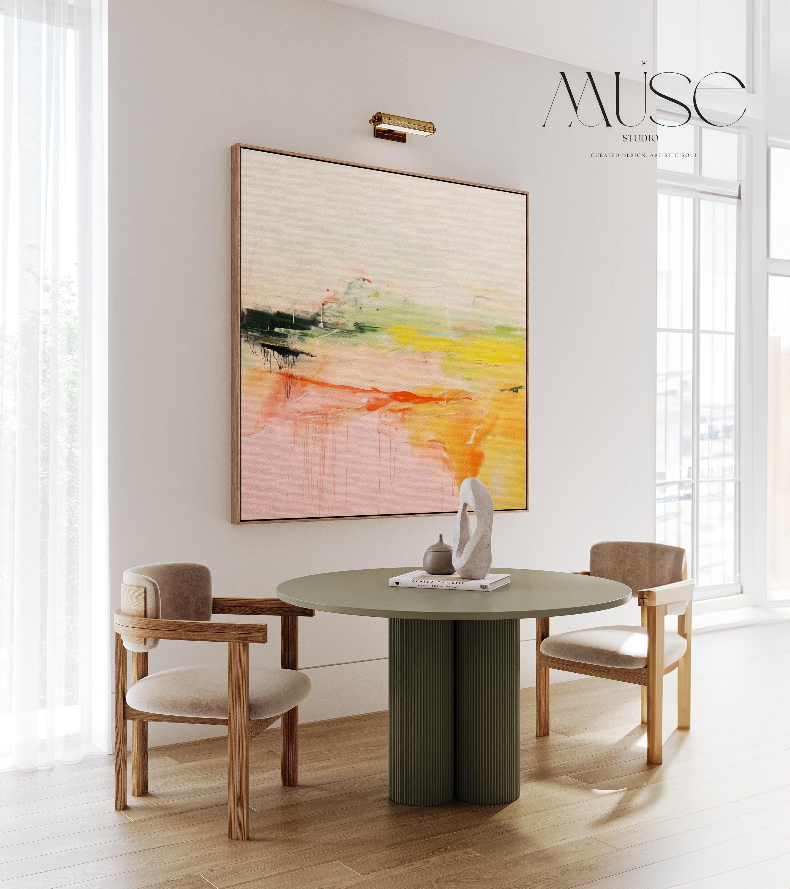 Framed Abstract Landscape Wall Art in Pink Orange and Green, Modern Square Canvas for Living Room or Entryway, Summer Decor Statement 290