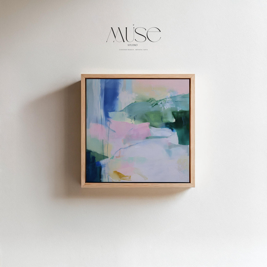 Soft Green and Blue Abstract Framed Canvas Wall Art, Large Pastel Painting for Bedroom or Office, Nature Inspired Decor Art Print 421