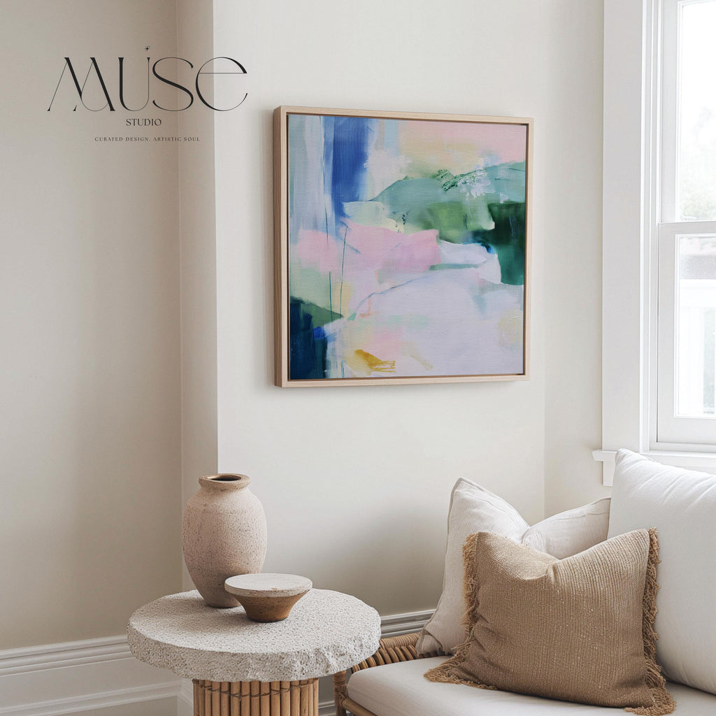 Soft Green and Blue Abstract Framed Canvas Wall Art, Large Pastel Painting for Bedroom or Office, Nature Inspired Decor Art Print 421