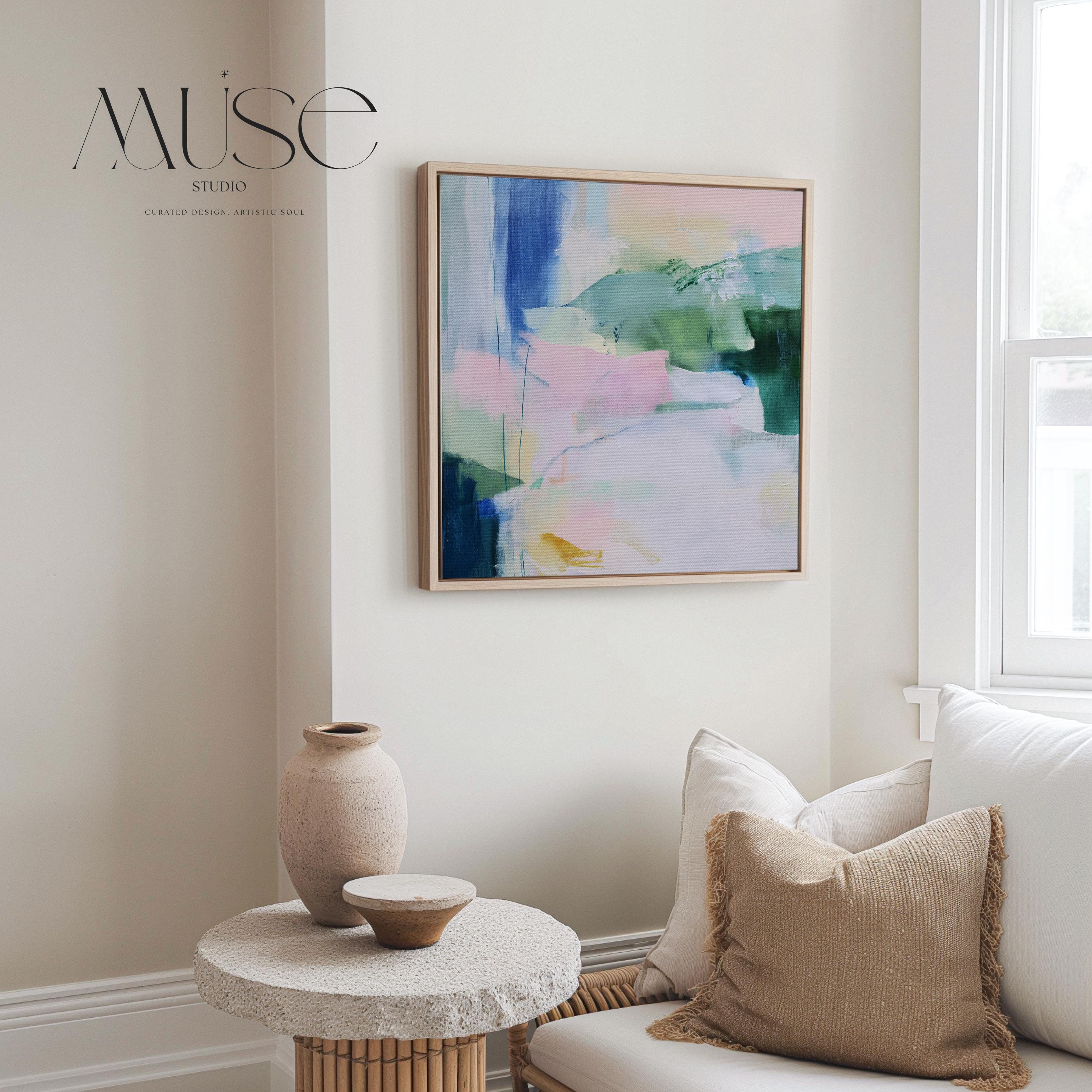 Soft Green and Blue Abstract Framed Canvas Wall Art, Large Pastel Painting for Bedroom or Office, Nature Inspired Decor Art Print 421