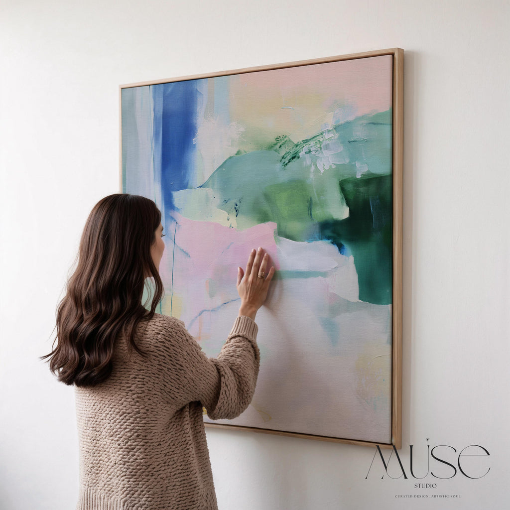 Soft Green and Blue Abstract Framed Canvas Wall Art, Large Pastel Painting for Bedroom or Office, Nature Inspired Decor Art Print 421