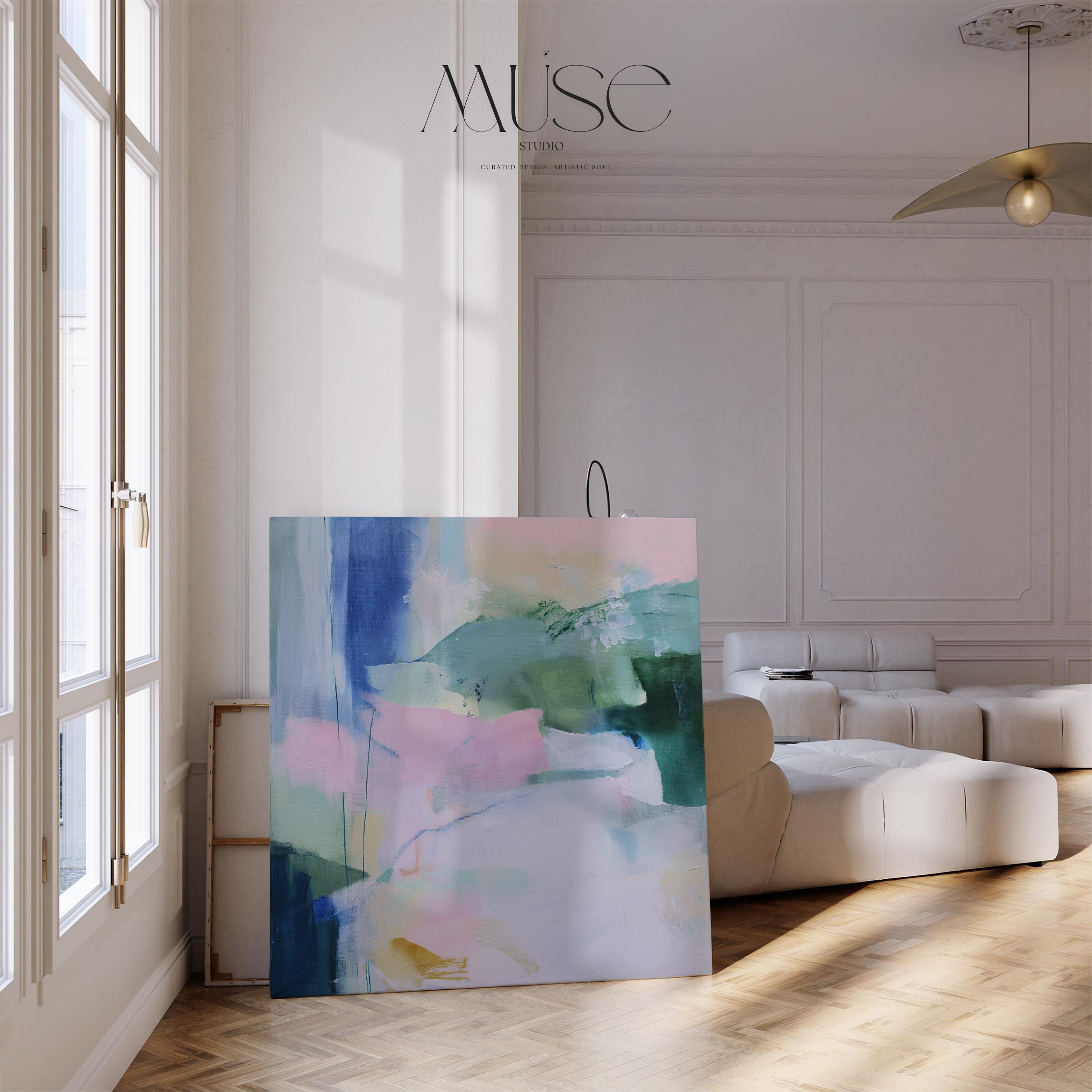 Square pastel abstract wall art in soft green, blue, and pink hues with a minimalist, serene design. Ideal for bedrooms or nurseries seeking gentle color and calm ambiance. Available as fine art poster or framed wall art by Muse Studio.